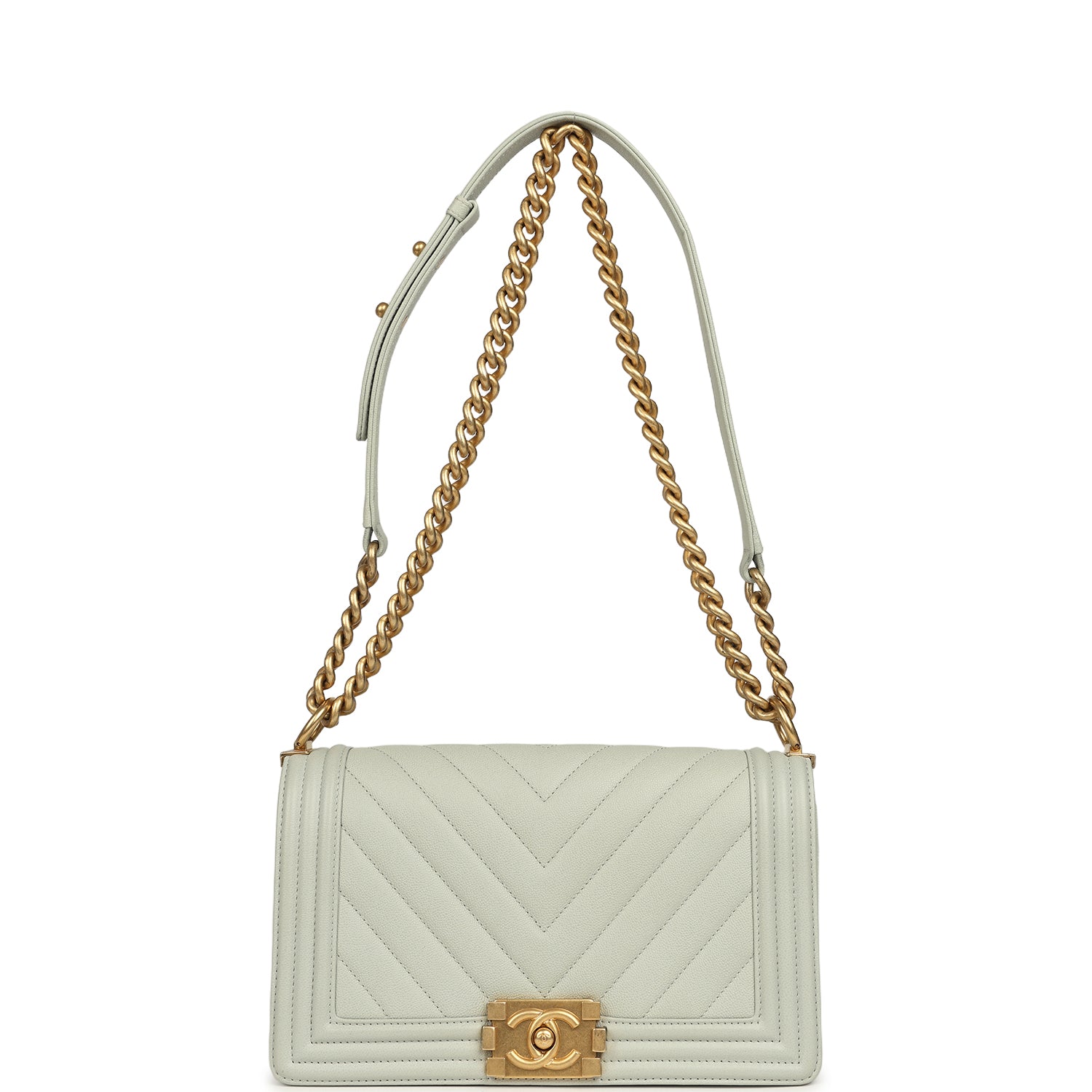 Chanel Medium Chevron Boy Bag Light Blue Caviar Antique Gold Hardware