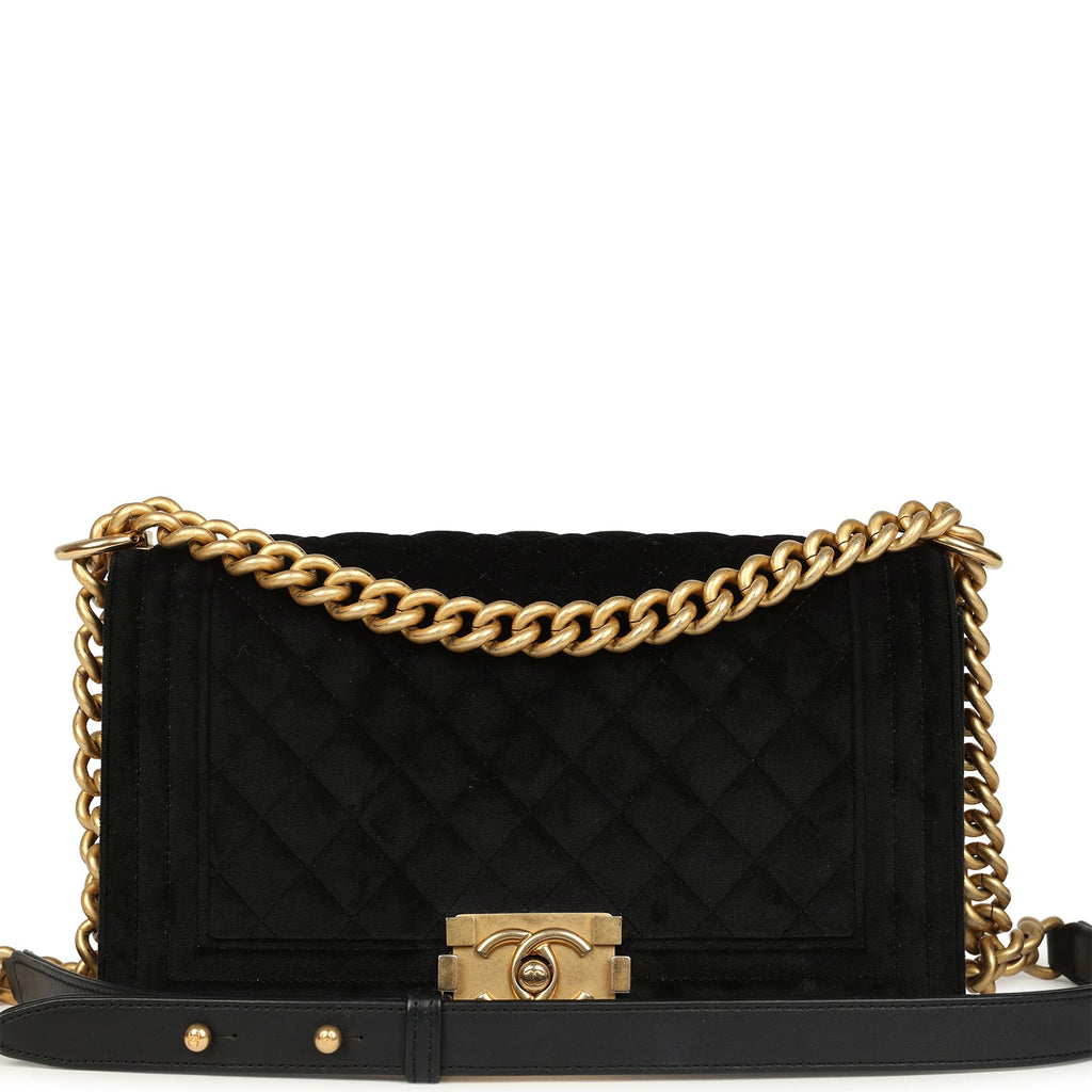 Chanel Medium Boy Bag Black Velvet Antique Gold Hardware