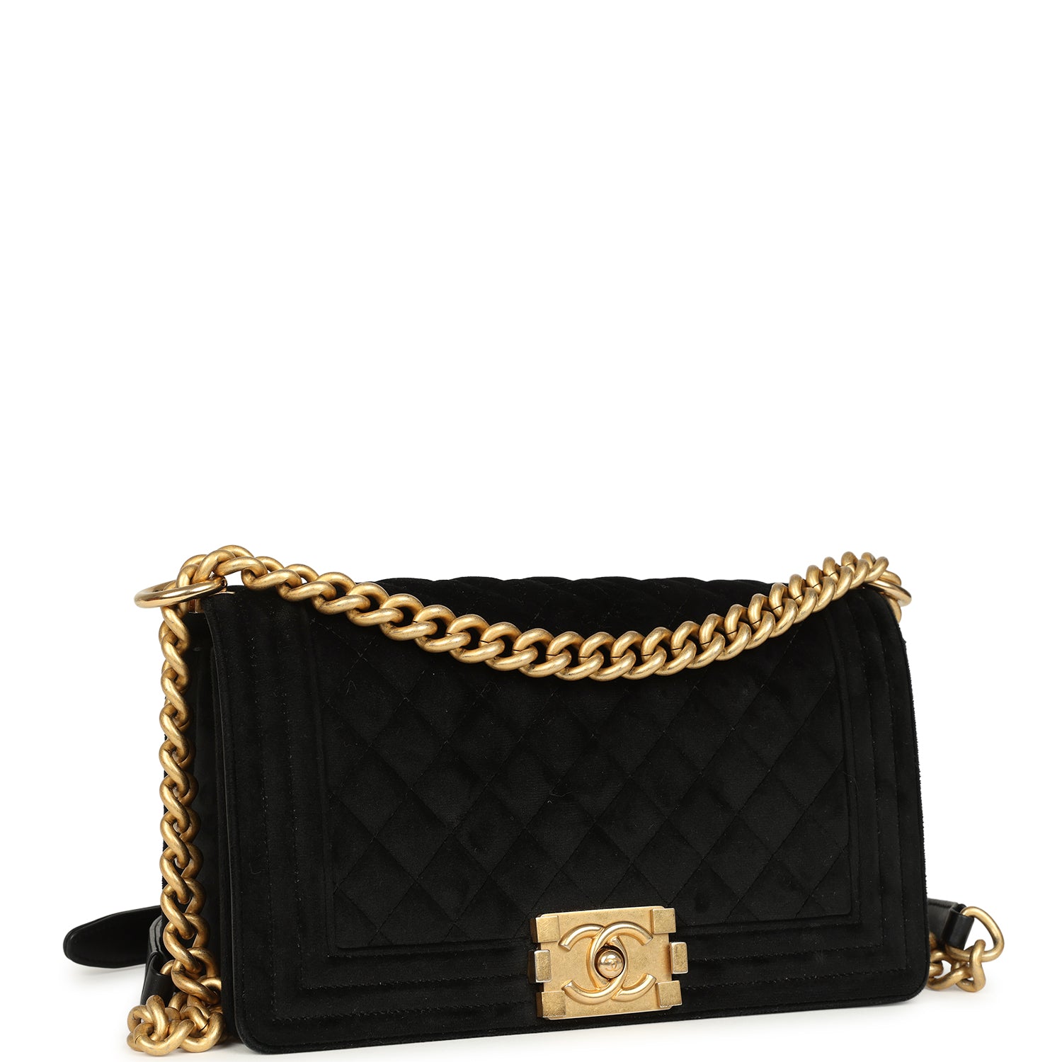 Chanel Medium Boy Bag Black Velvet Antique Gold Hardware