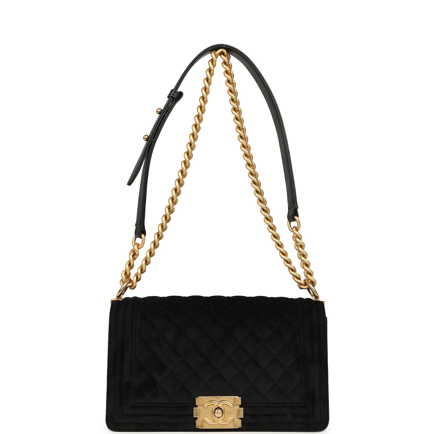 Chanel Medium Boy Bag Black Velvet Antique Gold Hardware