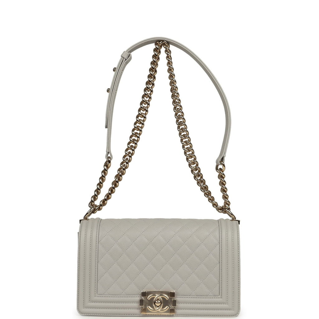 Chanel Medium Boy Bag Light Grey Caviar Light Gold Hardware
