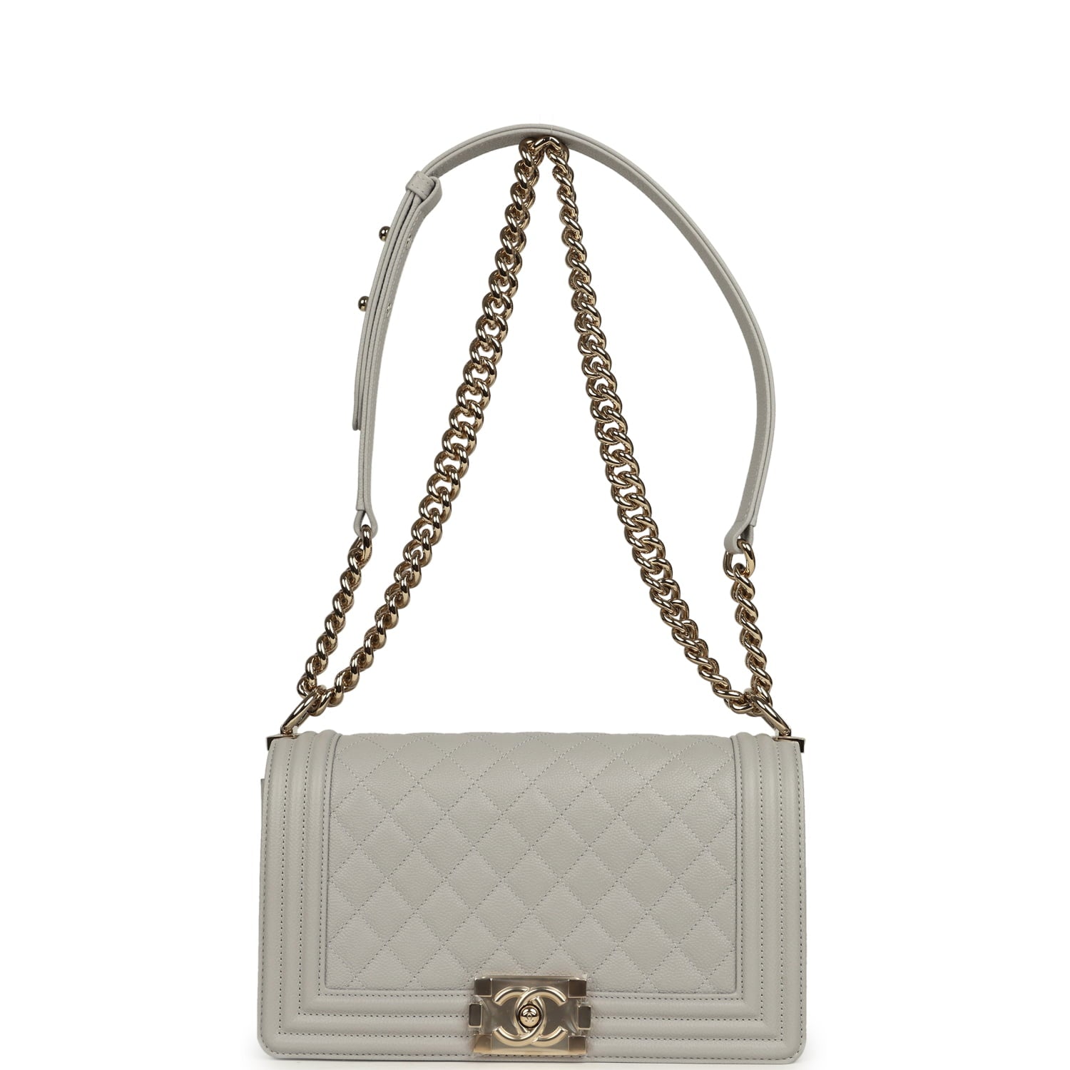 Chanel Medium Boy Bag Light Grey Caviar Light Gold Hardware