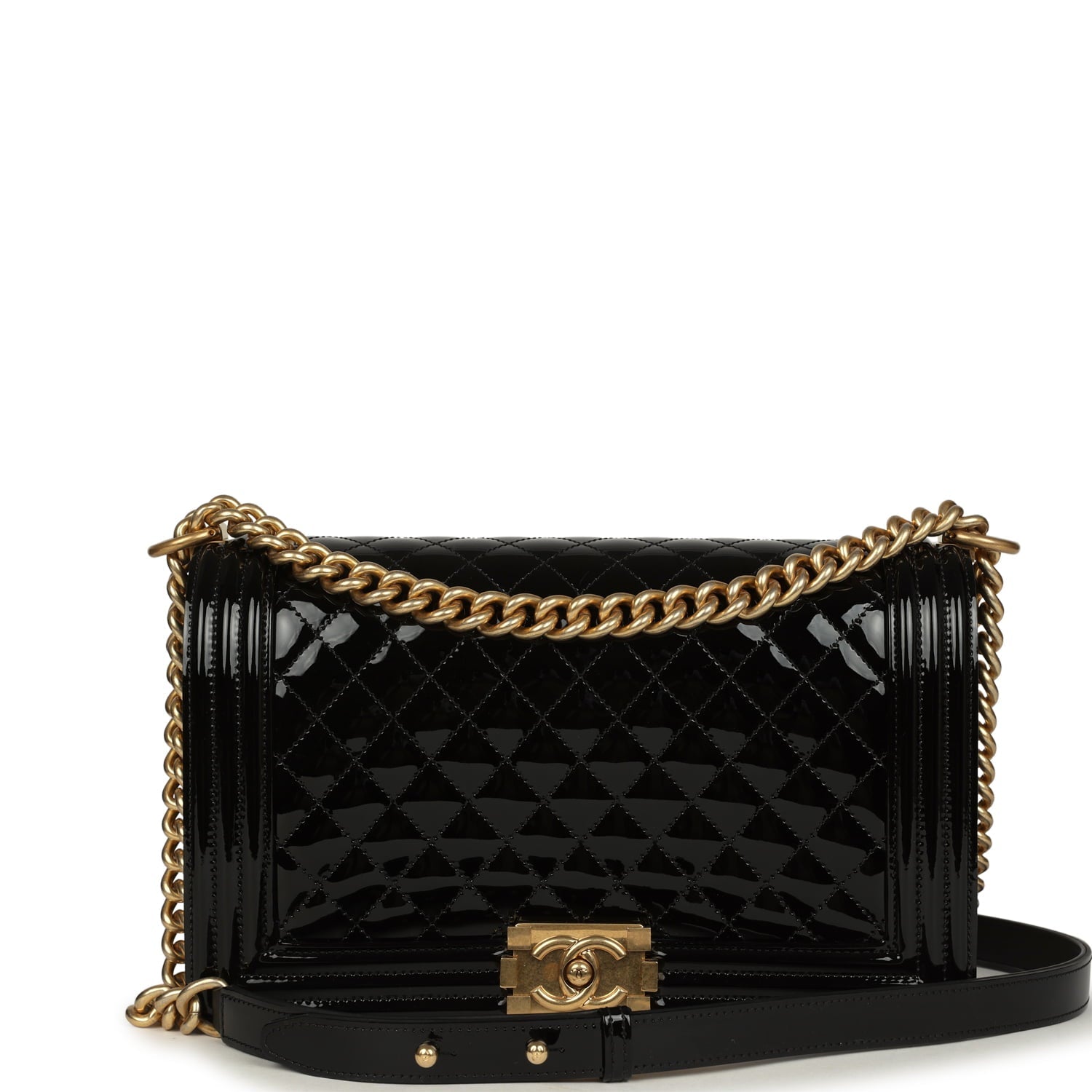 Chanel Medium Boy Bag Black Patent Antique Gold Hardware