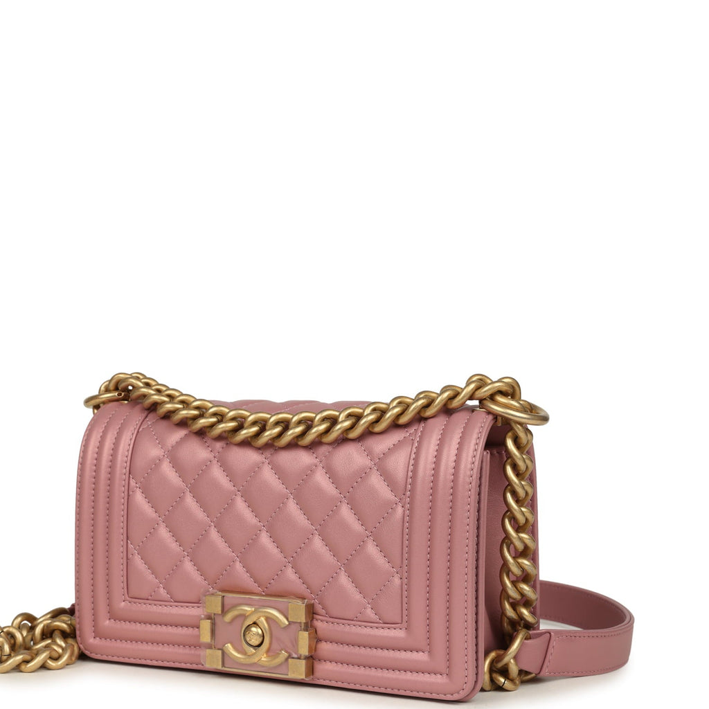 Chanel Small Boy Bag Pink Iridescent Lambskin Antique Gold Hardware