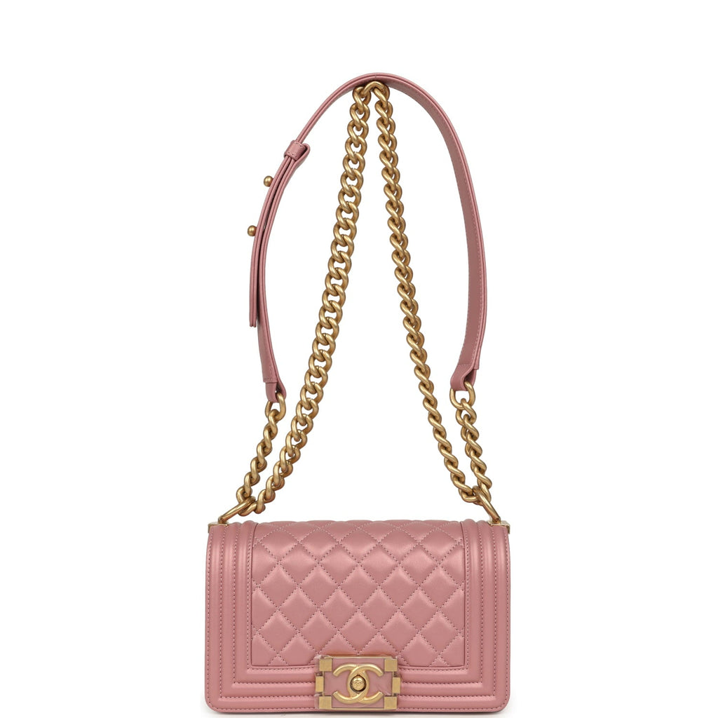 Chanel Small Boy Bag Pink Iridescent Lambskin Antique Gold Hardware