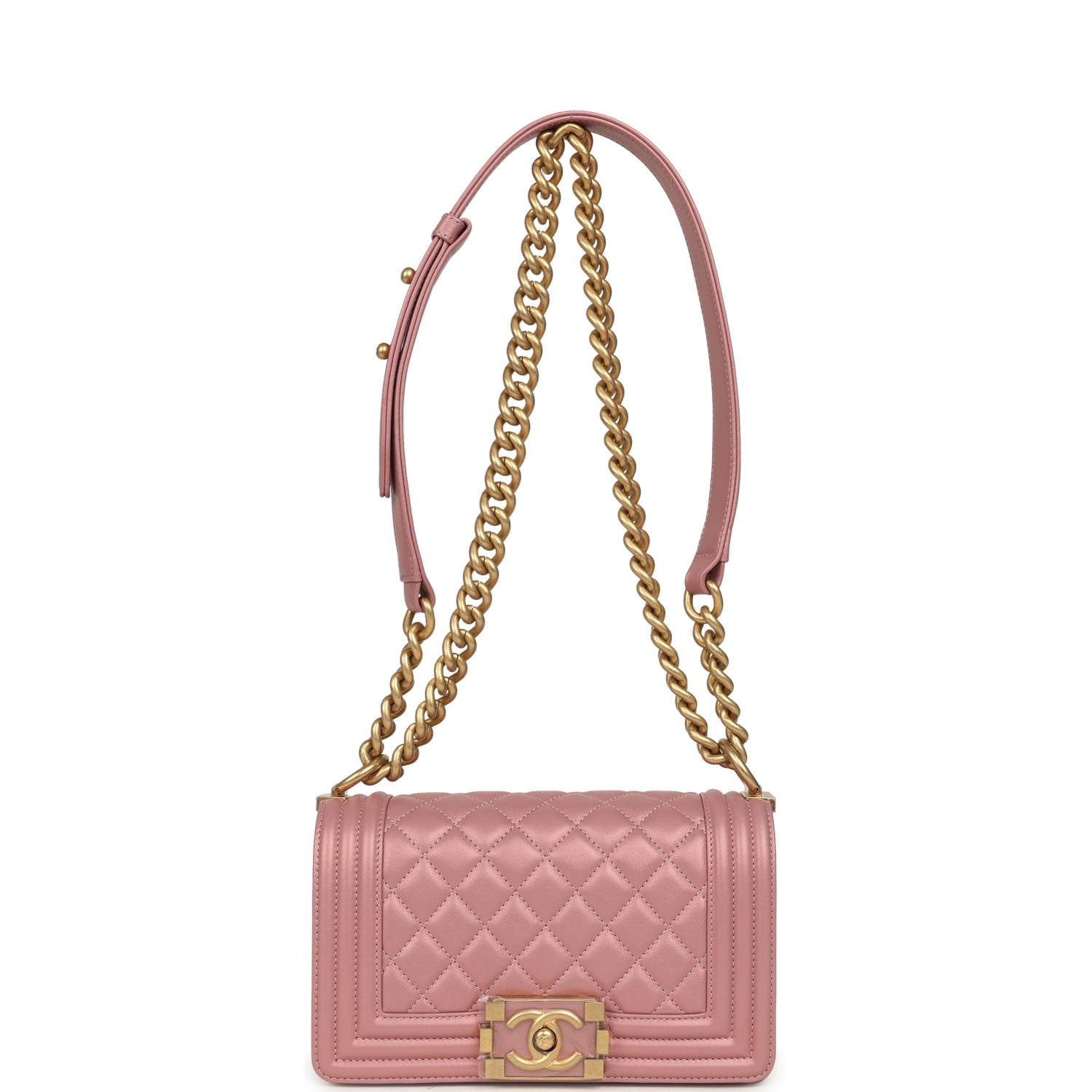 Chanel Small Boy Bag Pink Iridescent Lambskin Antique Gold Hardware