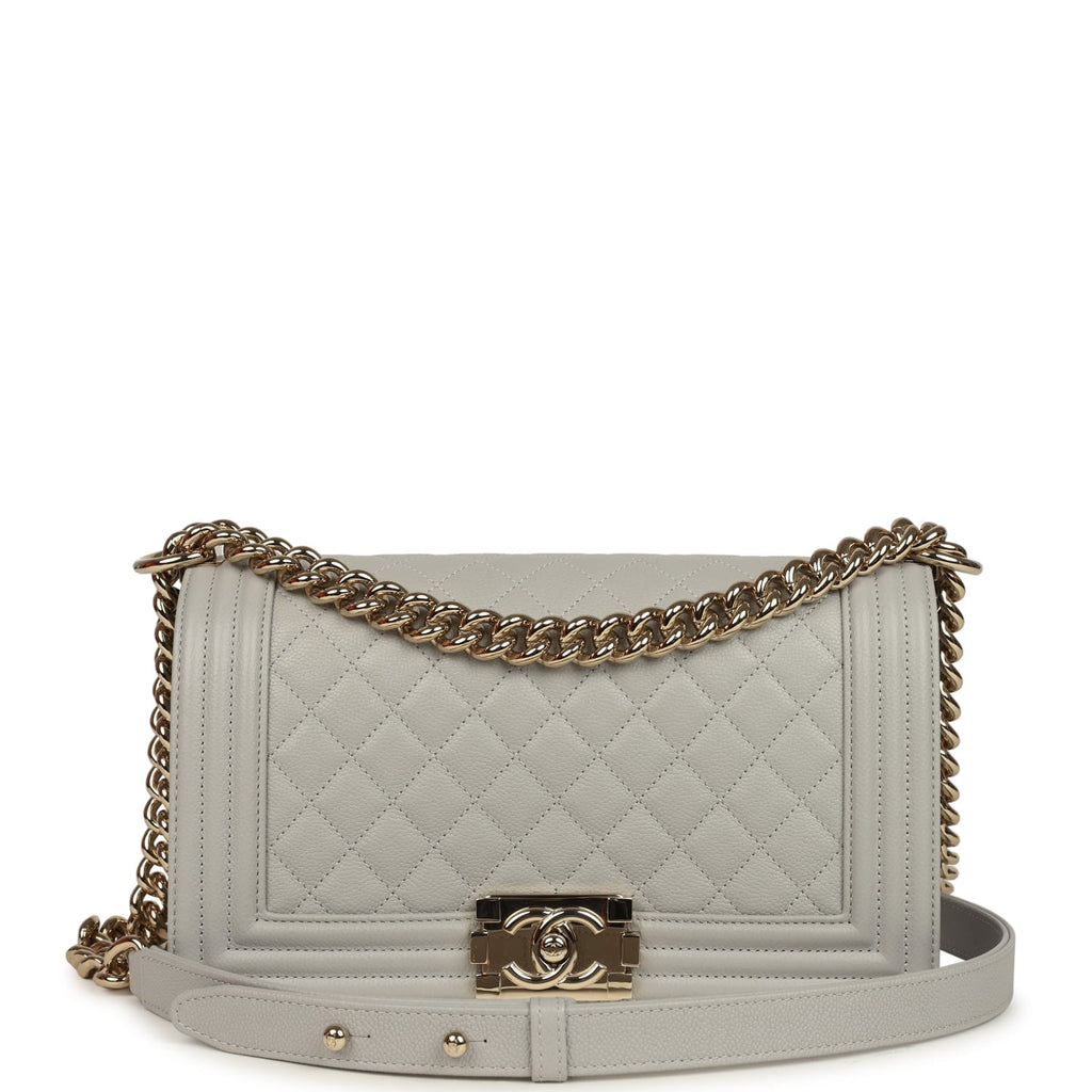 Chanel Medium Boy Bag Light Grey Caviar Light Gold Hardware