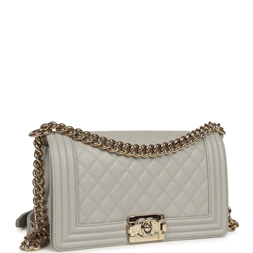 Chanel Medium Boy Bag Light Grey Caviar Light Gold Hardware