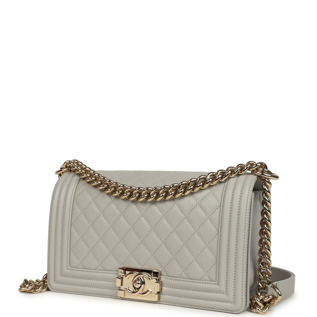 Chanel Medium Boy Bag Light Grey Caviar Light Gold Hardware