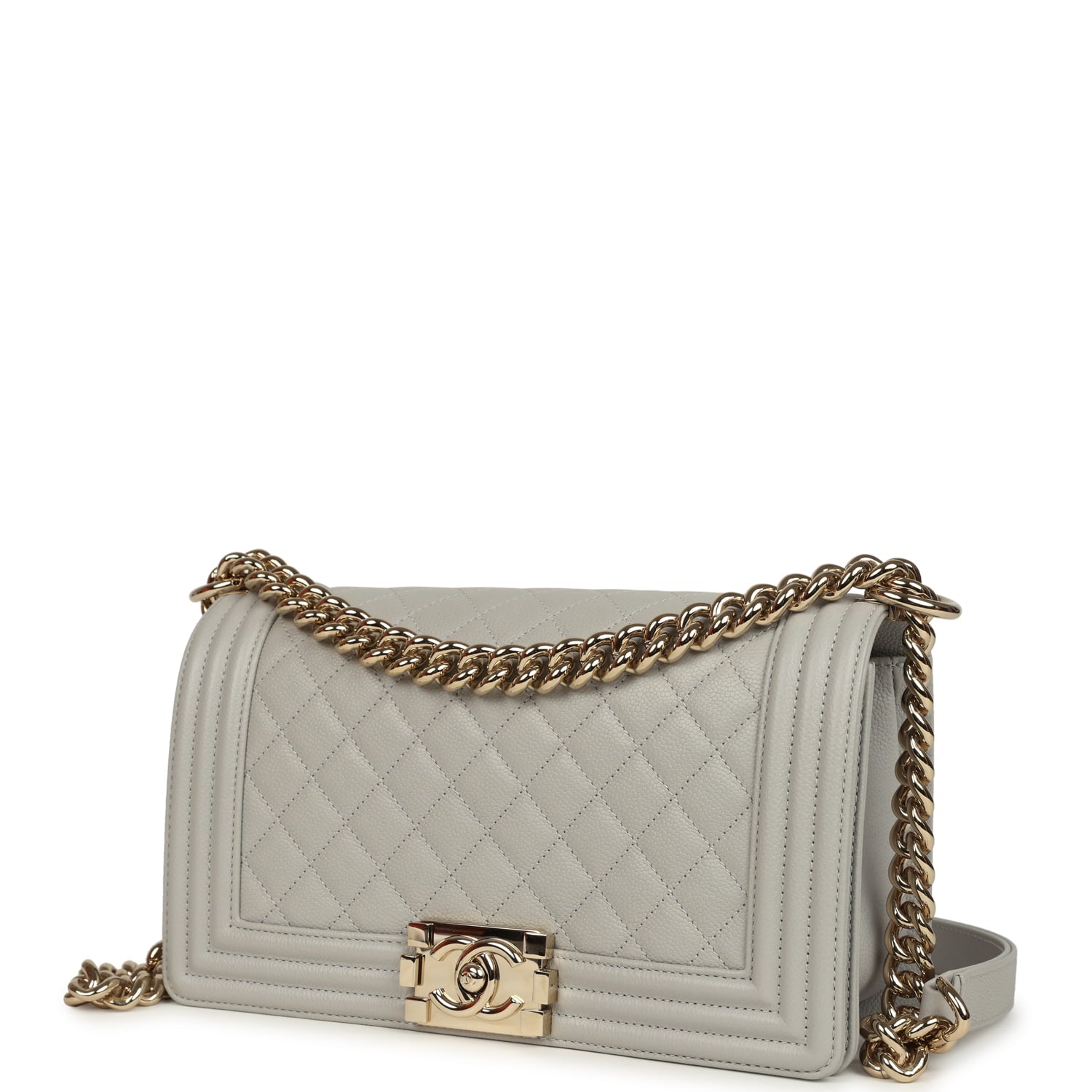 Chanel Medium Boy Bag Light Grey Caviar Light Gold Hardware