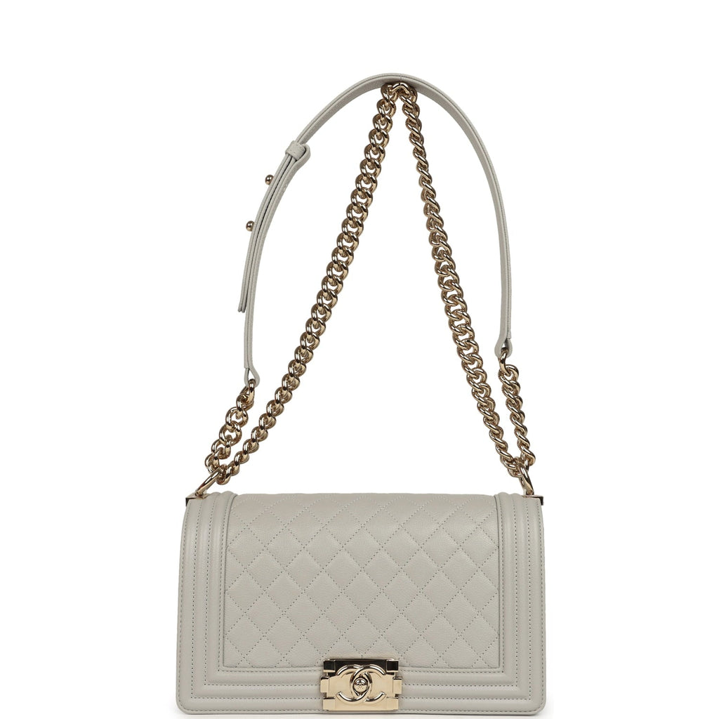 Chanel Medium Boy Bag Light Grey Caviar Light Gold Hardware