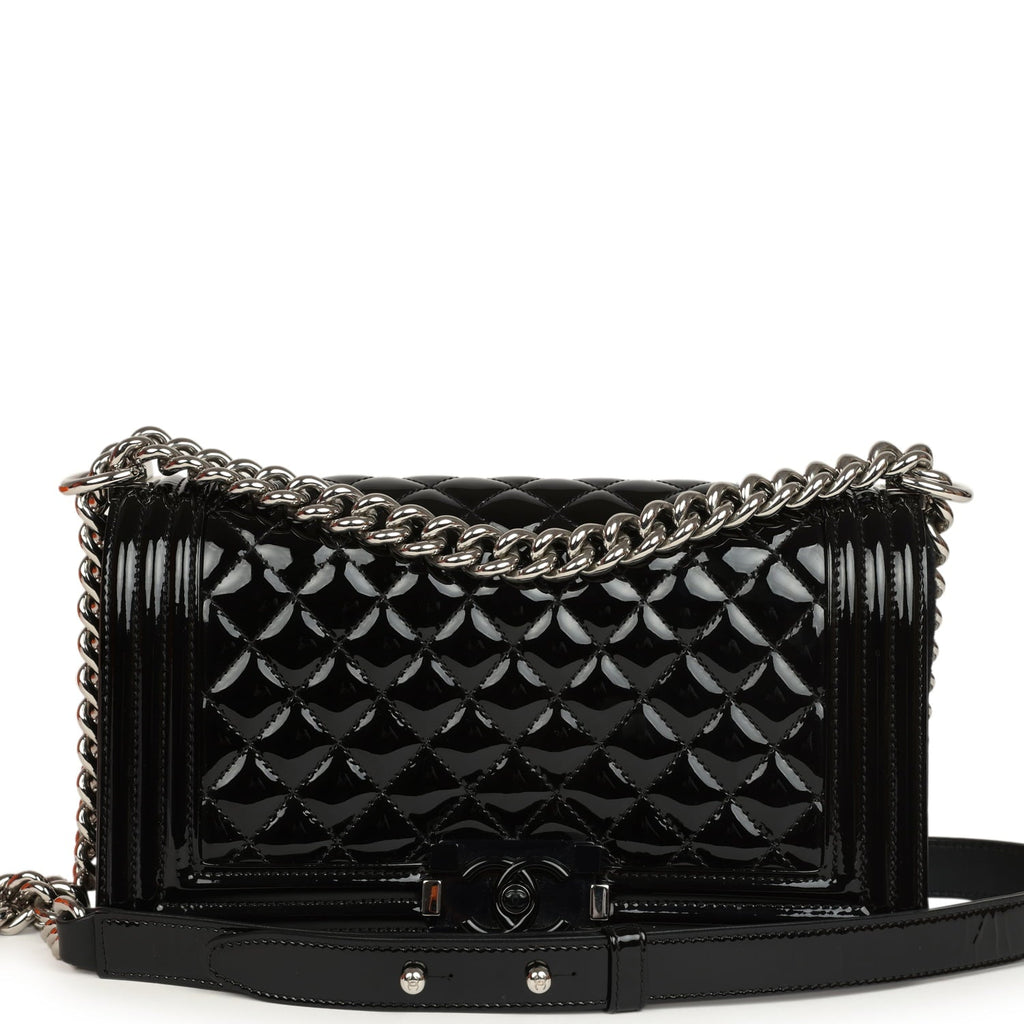 Chanel Medium Boy Bag Black Patent Silver Hardware