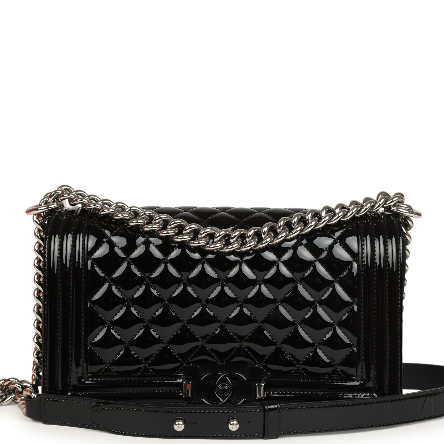 Chanel Medium Boy Bag Black Patent Silver Hardware