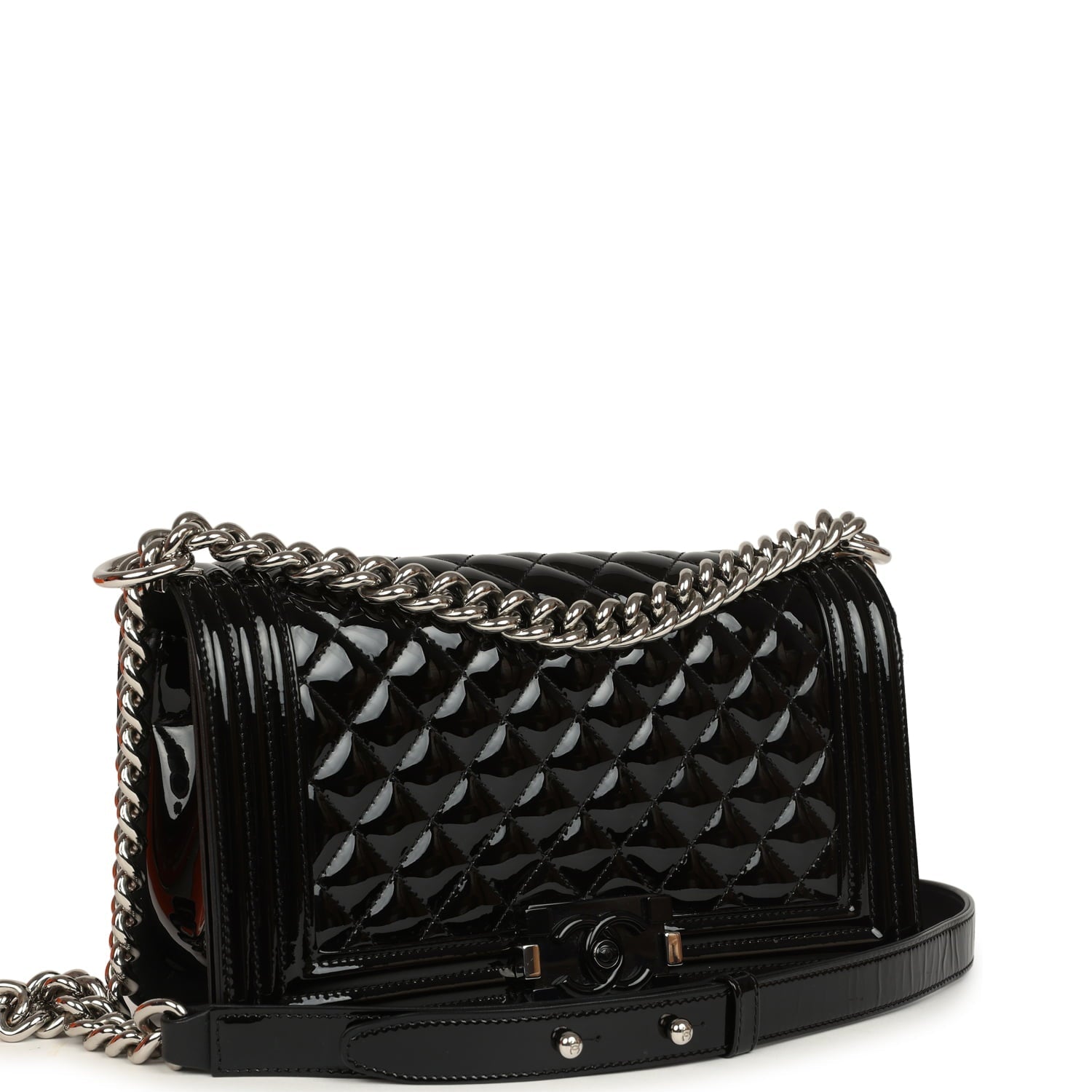 Chanel Medium Boy Bag Black Patent Silver Hardware