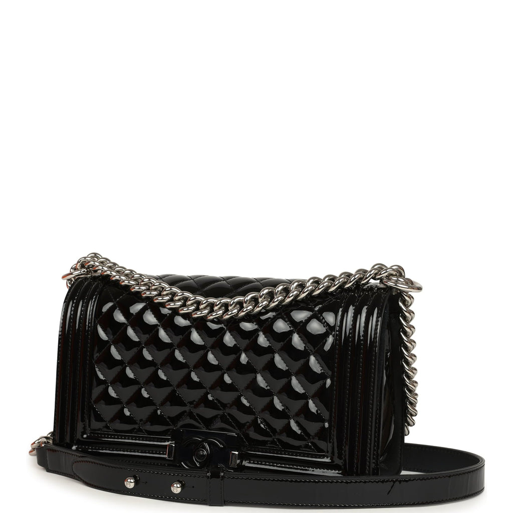Chanel Medium Boy Bag Black Patent Silver Hardware