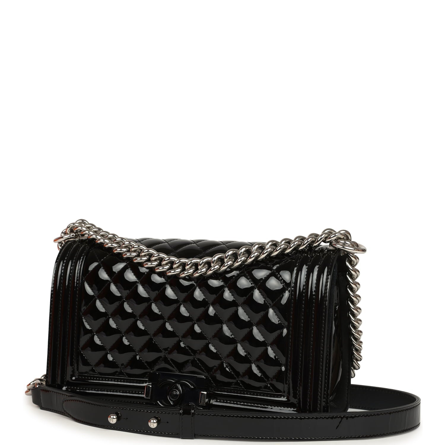 Chanel Medium Boy Bag Black Patent Silver Hardware