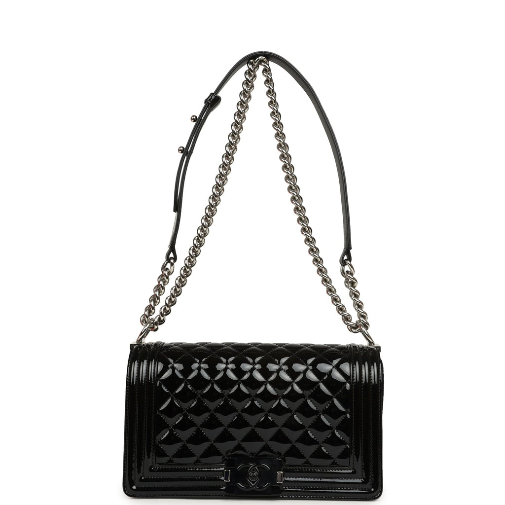 Chanel Medium Boy Bag Black Patent Silver Hardware