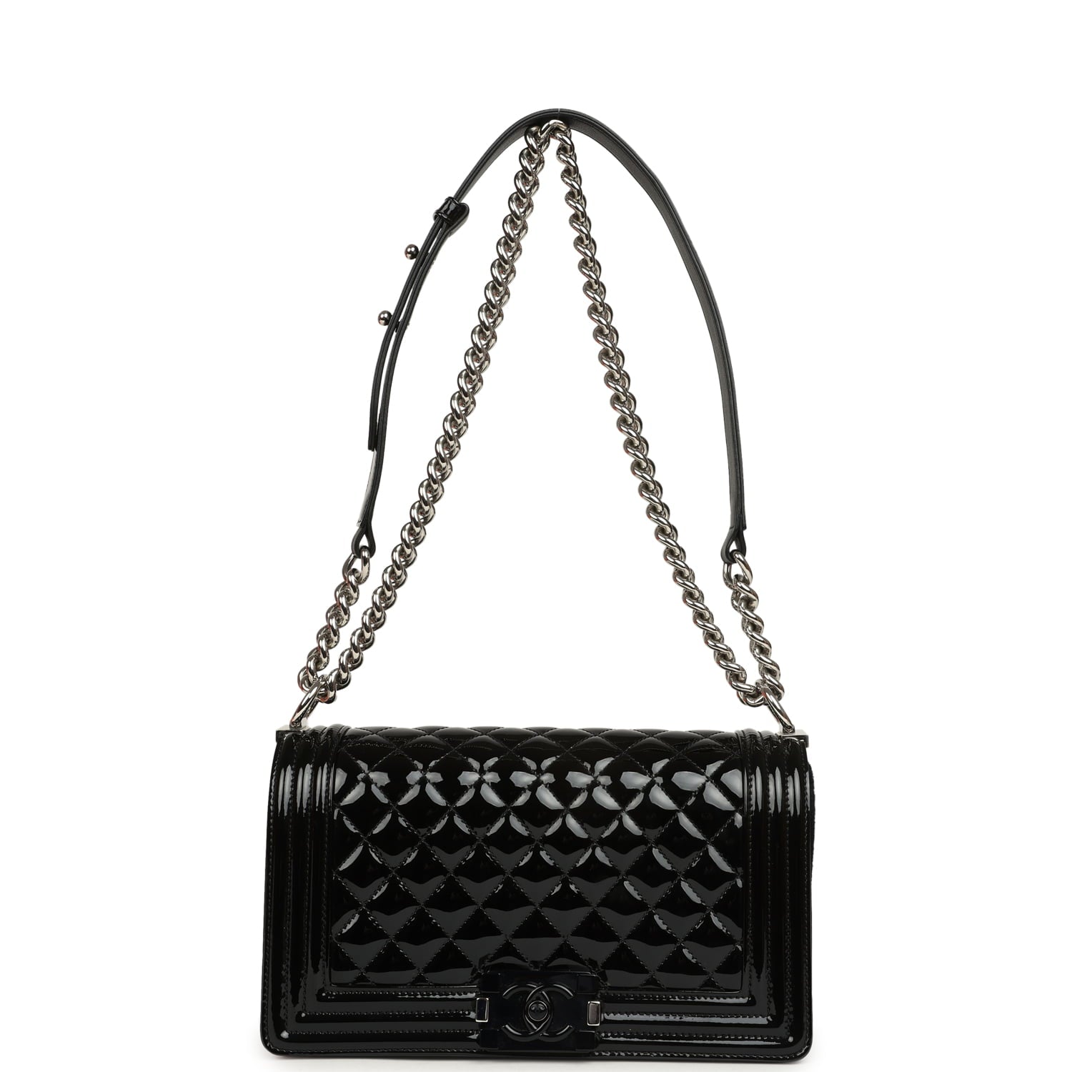 Chanel Medium Boy Bag Black Patent Silver Hardware
