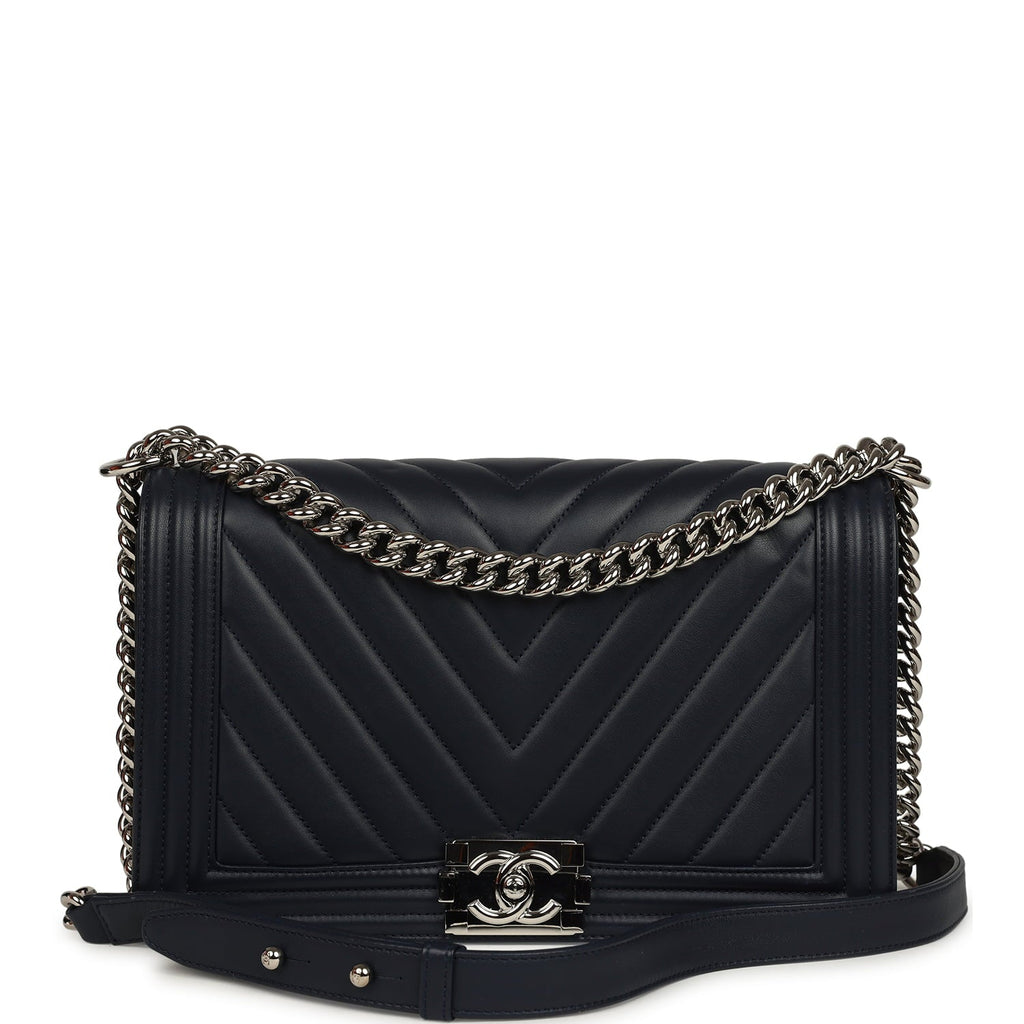 Chanel New Medium Chevron Boy Bag Navy Blue Calfskin Silver Hardware