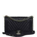 Chanel New Medium Chevron Boy Bag Navy Blue Calfskin Silver Hardware