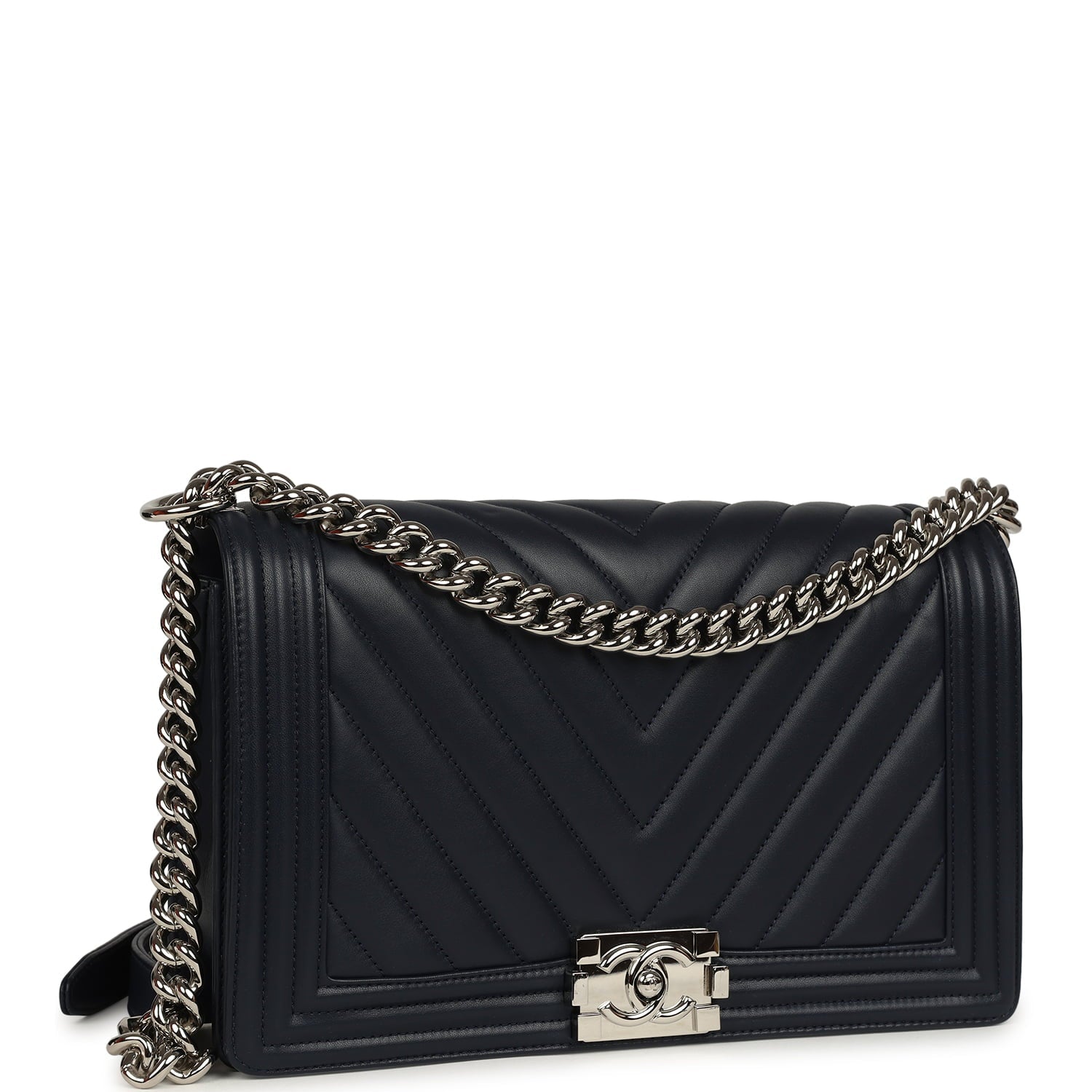 Chanel New Medium Chevron Boy Bag Navy Blue Calfskin Silver Hardware