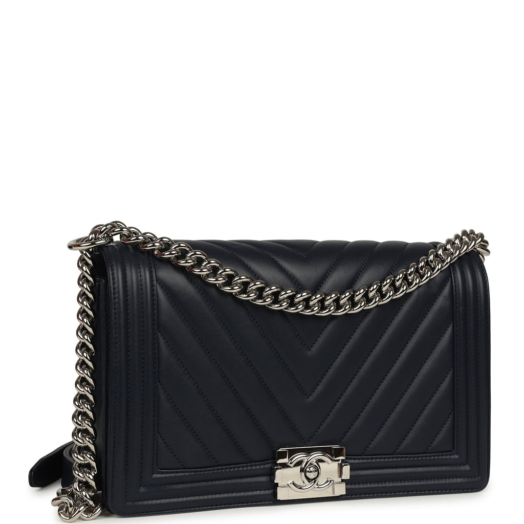 Chanel New Medium Chevron Boy Bag Navy Blue Calfskin Silver Hardware