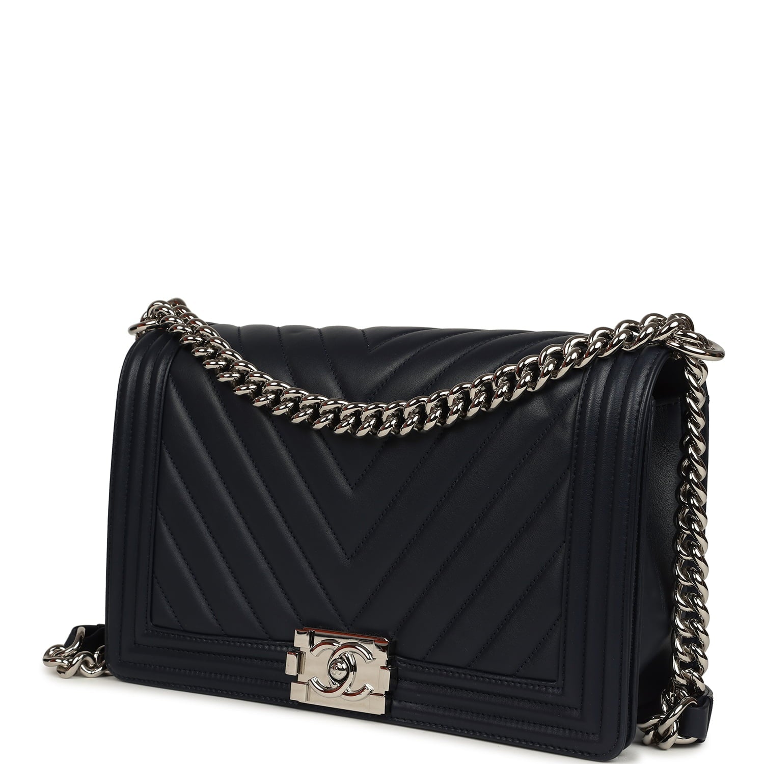 Chanel New Medium Chevron Boy Bag Navy Blue Calfskin Silver Hardware