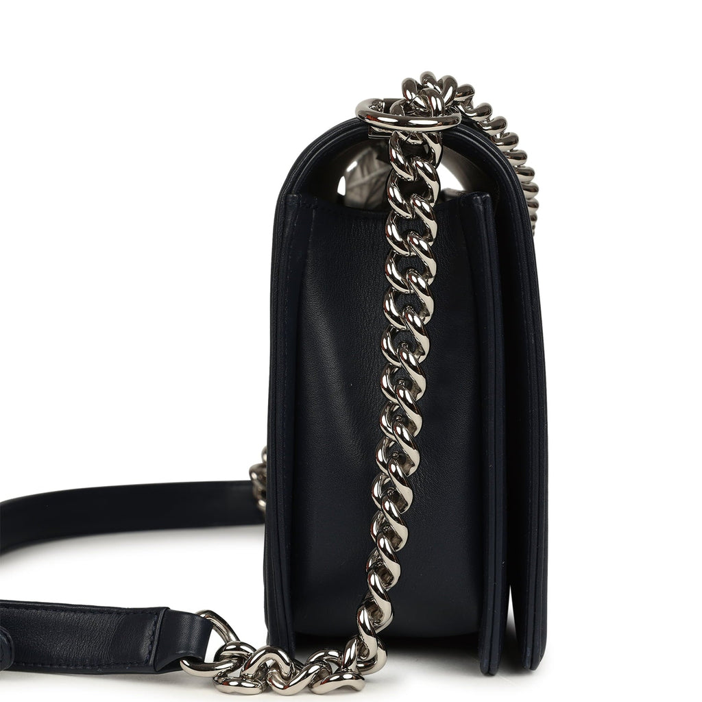 Chanel New Medium Chevron Boy Bag Navy Blue Calfskin Silver Hardware