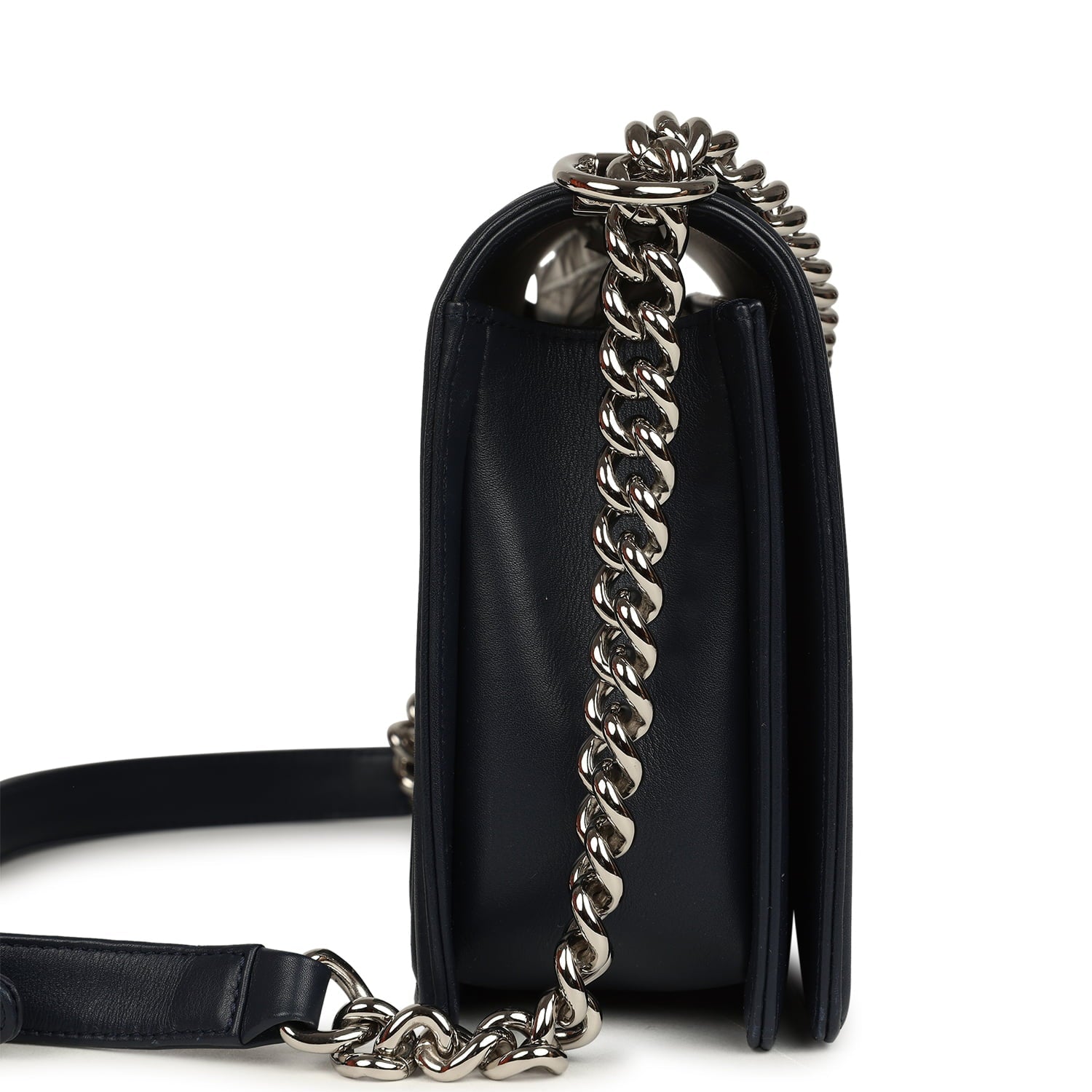 Chanel New Medium Chevron Boy Bag Navy Blue Calfskin Silver Hardware