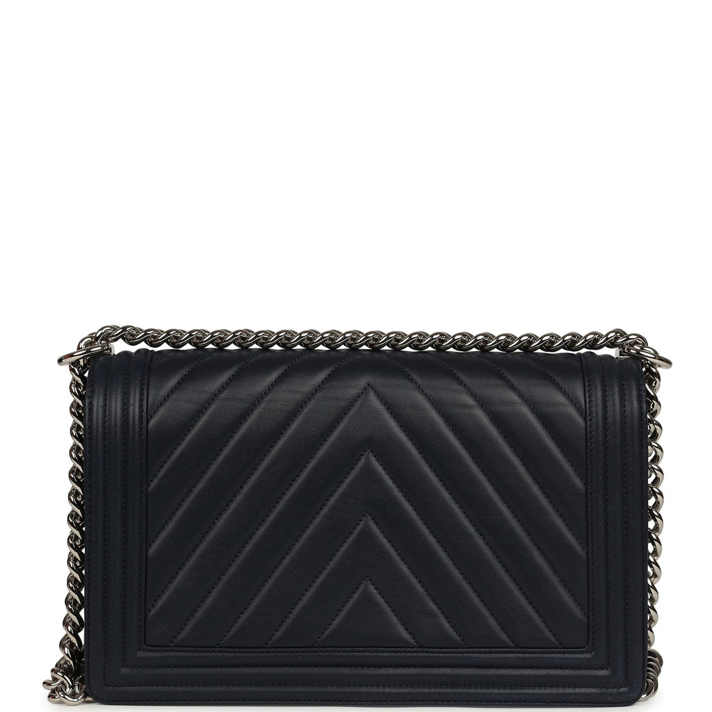 Chanel New Medium Chevron Boy Bag Navy Blue Calfskin Silver Hardware
