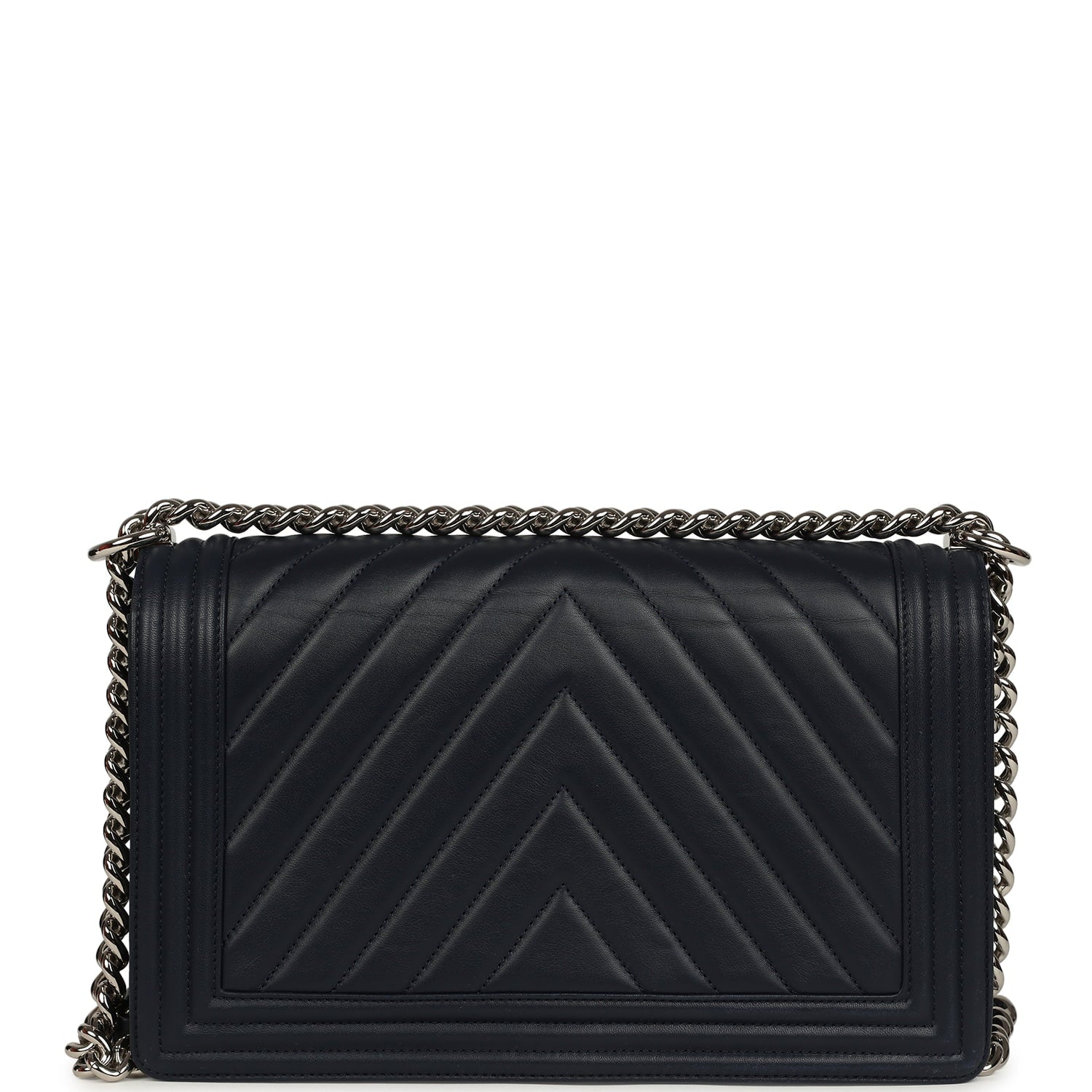 Chanel New Medium Chevron Boy Bag Navy Blue Calfskin Silver Hardware