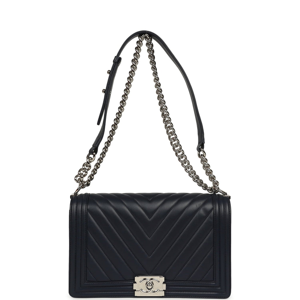 Chanel New Medium Chevron Boy Bag Navy Blue Calfskin Silver Hardware