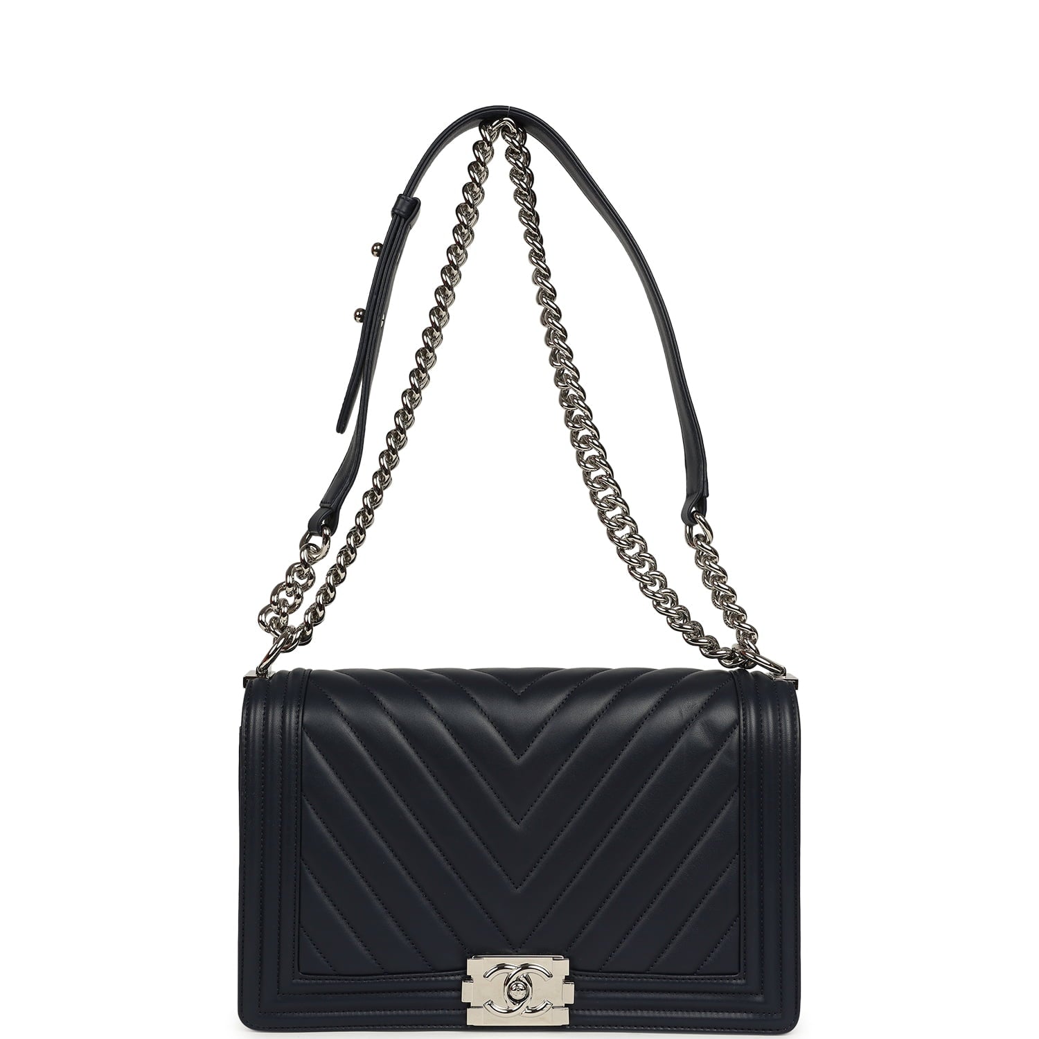 Chanel New Medium Chevron Boy Bag Navy Blue Calfskin Silver Hardware