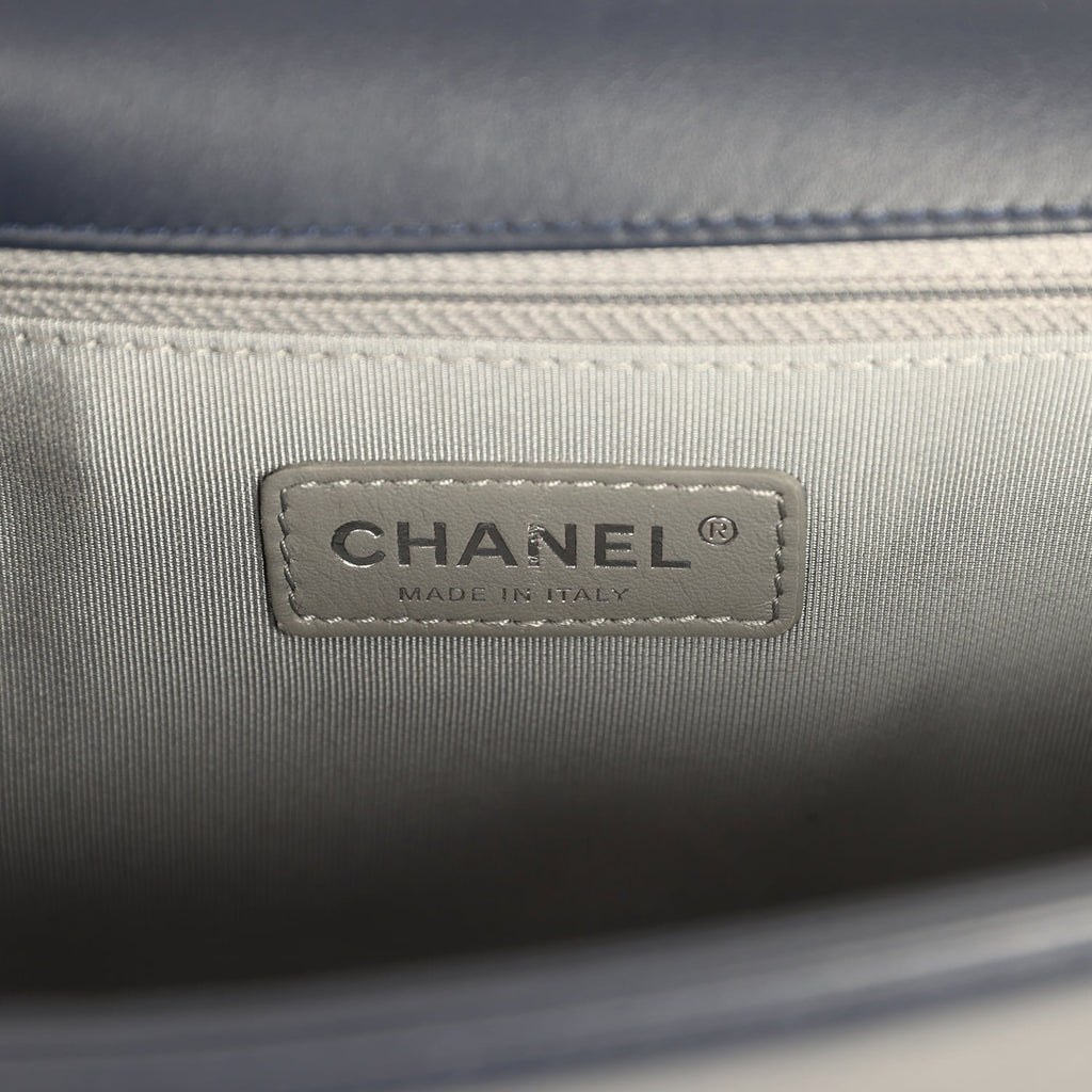 Chanel New Medium Chevron Boy Bag Navy Blue Calfskin Silver Hardware