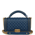 Chanel Medium Top Handle Braided Boy Bag Blue Lambskin Antique Gold Hardware