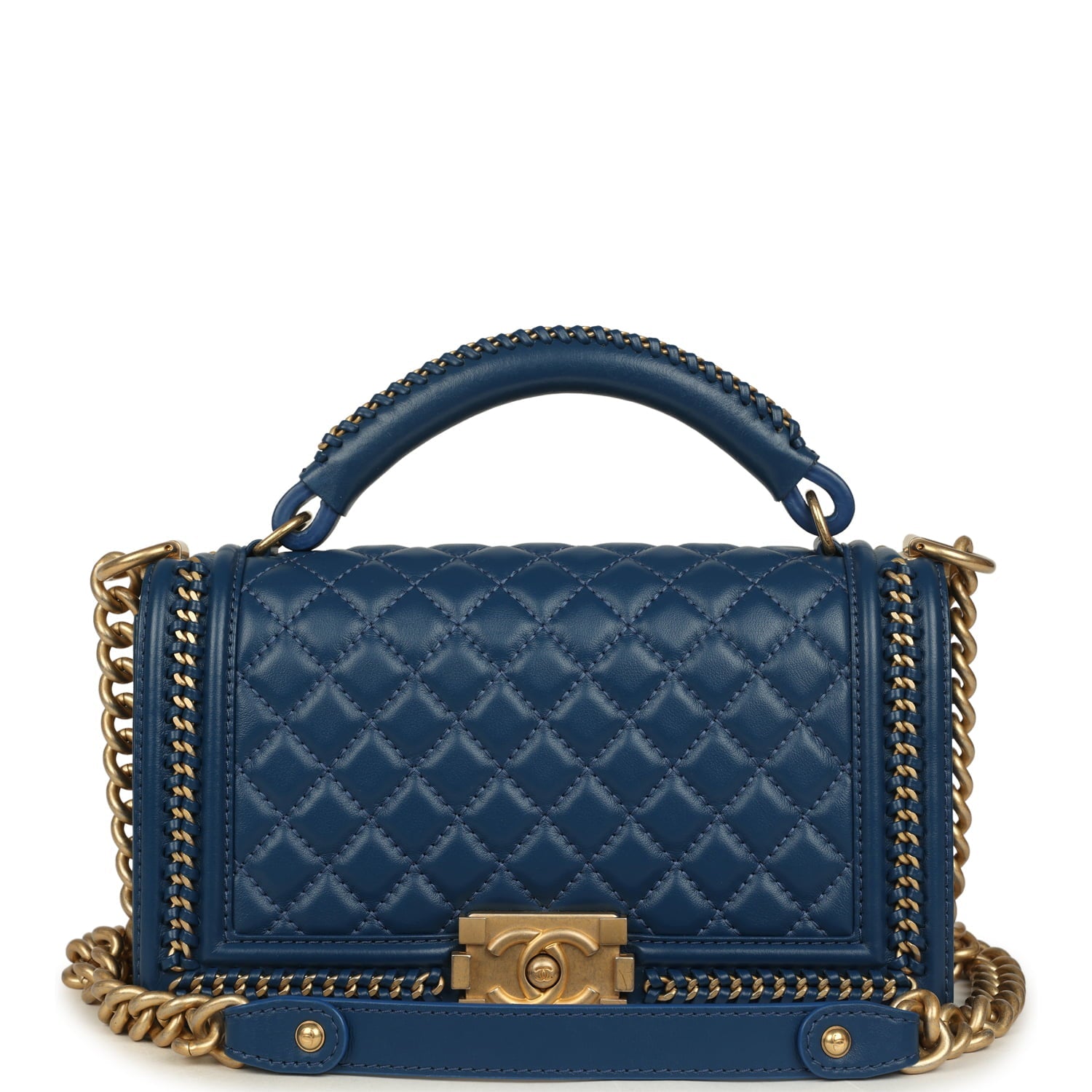 Chanel Medium Top Handle Braided Boy Bag Blue Lambskin Antique Gold Hardware