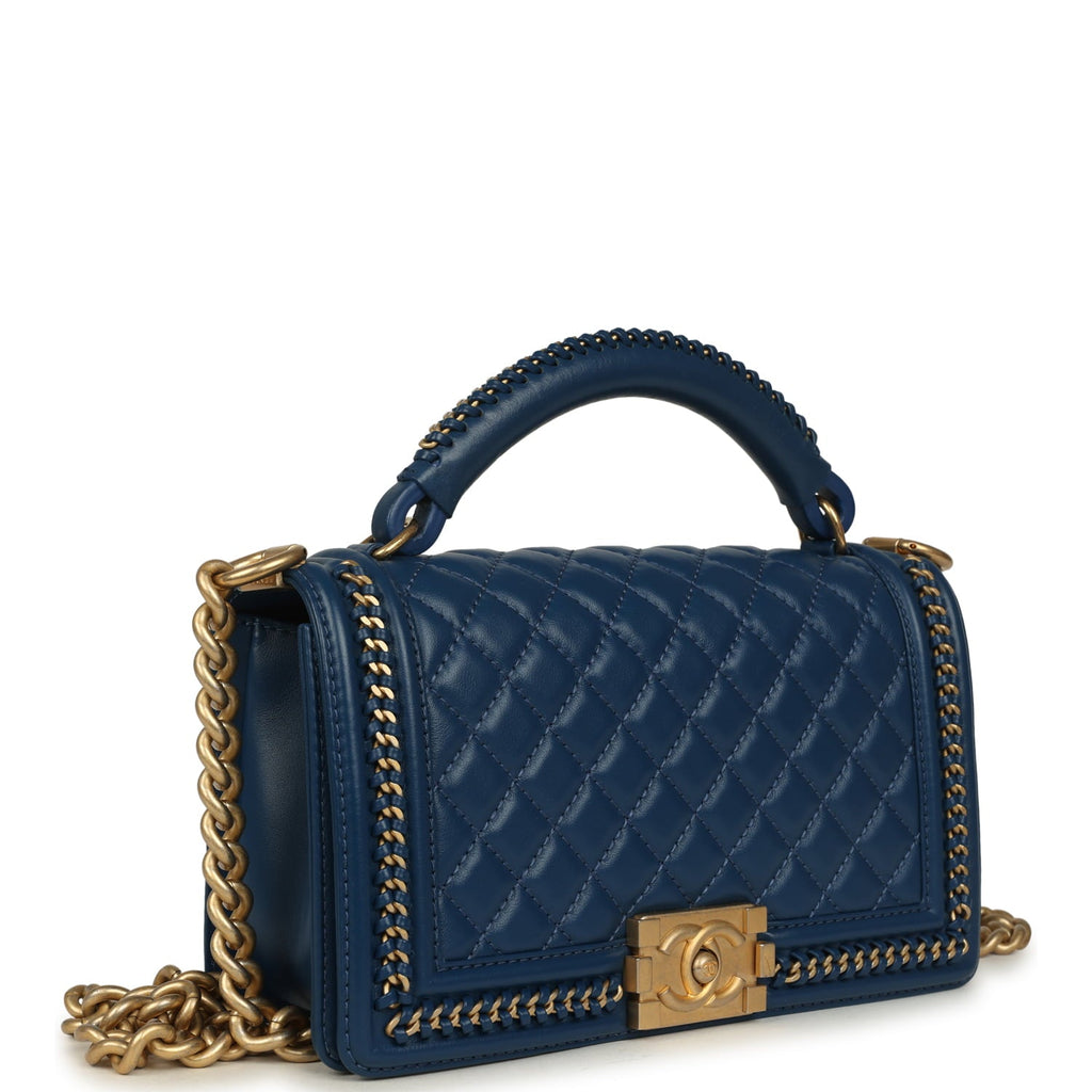 Chanel Medium Top Handle Braided Boy Bag Blue Lambskin Antique Gold Hardware
