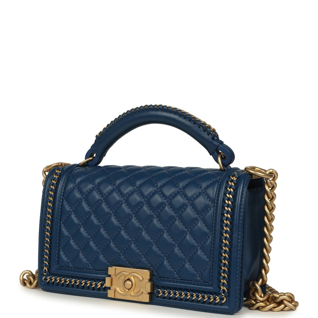 Chanel Medium Top Handle Braided Boy Bag Blue Lambskin Antique Gold Hardware