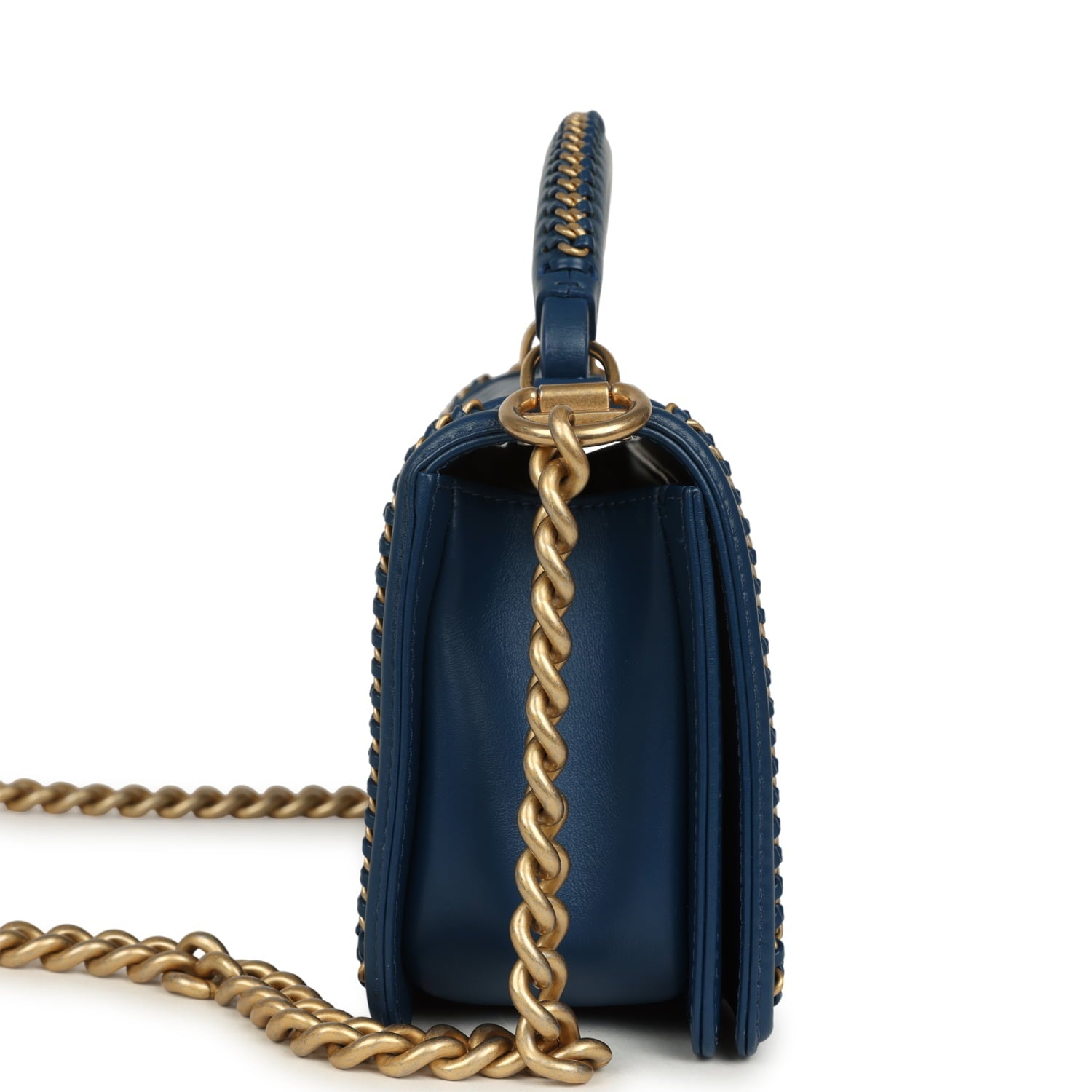 Chanel Medium Top Handle Braided Boy Bag Blue Lambskin Antique Gold Hardware
