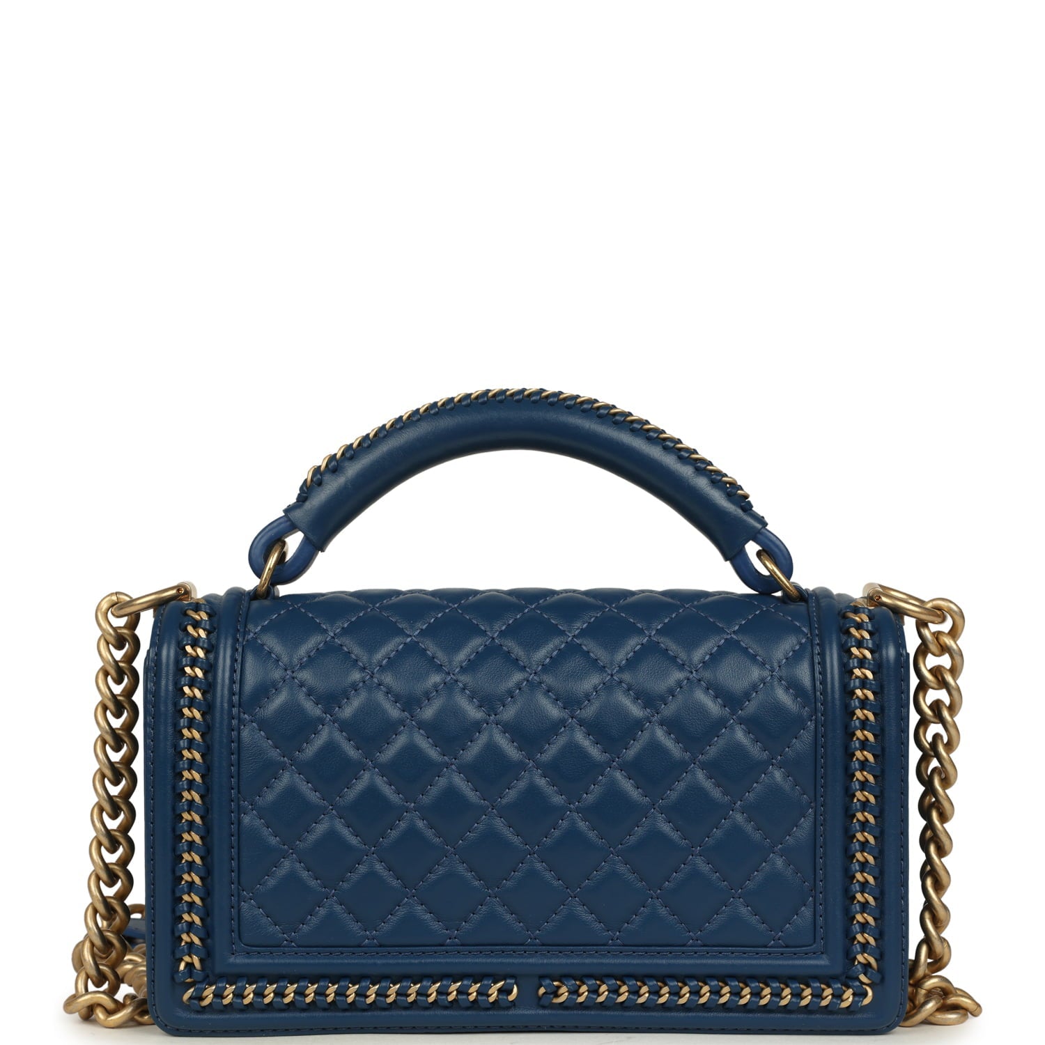 Chanel Medium Top Handle Braided Boy Bag Blue Lambskin Antique Gold Hardware