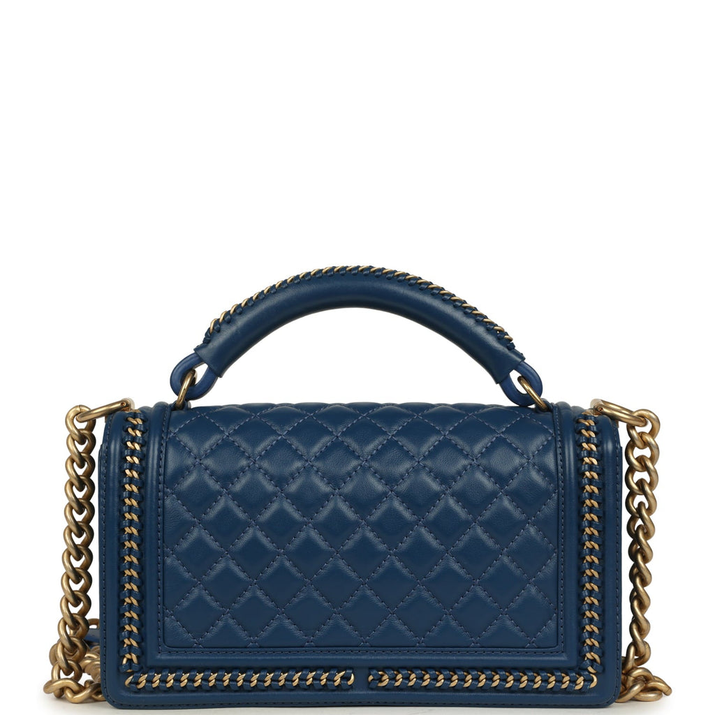 Chanel Medium Top Handle Braided Boy Bag Blue Lambskin Antique Gold Hardware