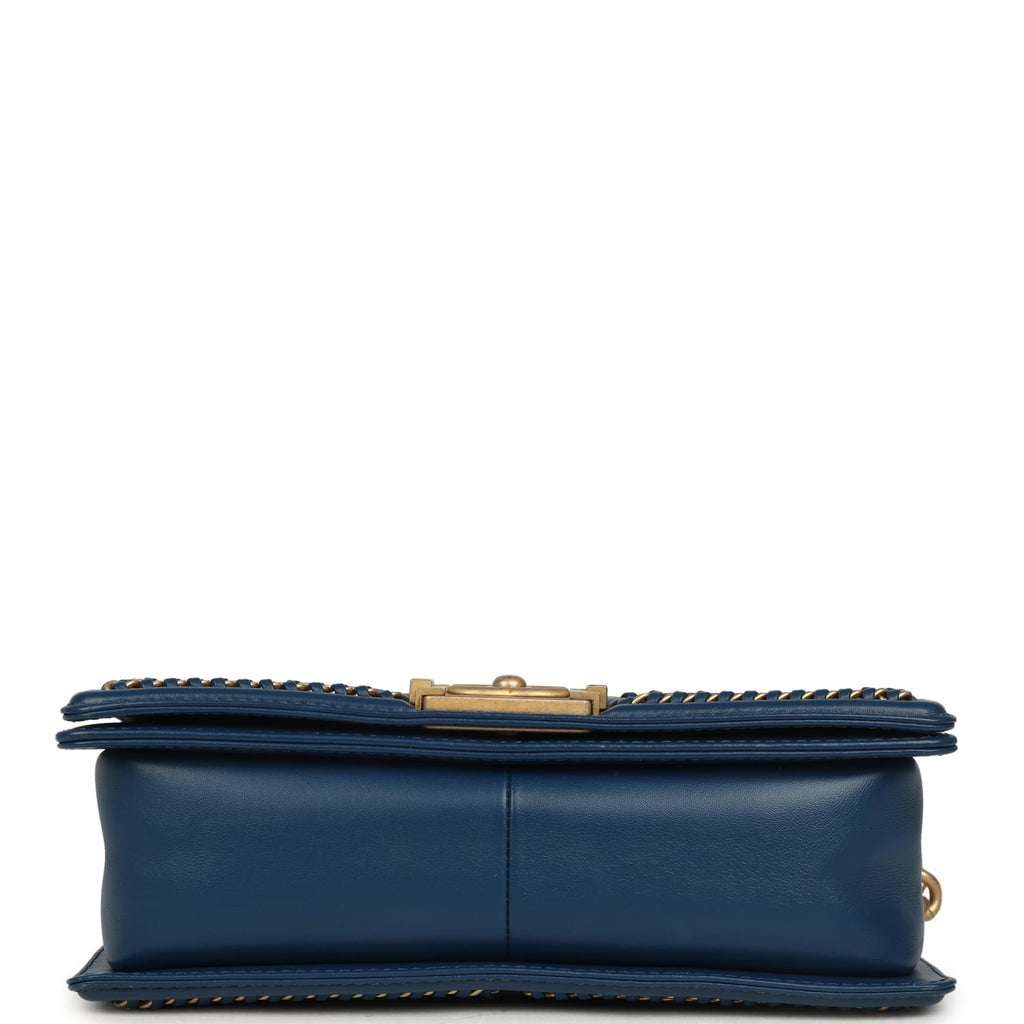 Chanel Medium Top Handle Braided Boy Bag Blue Lambskin Antique Gold Hardware