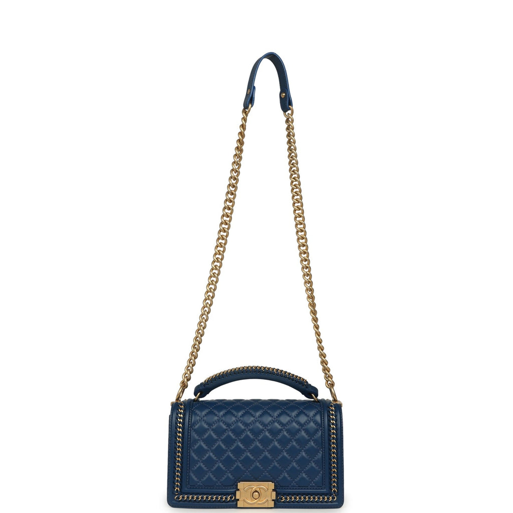 Chanel Medium Top Handle Braided Boy Bag Blue Lambskin Antique Gold Hardware