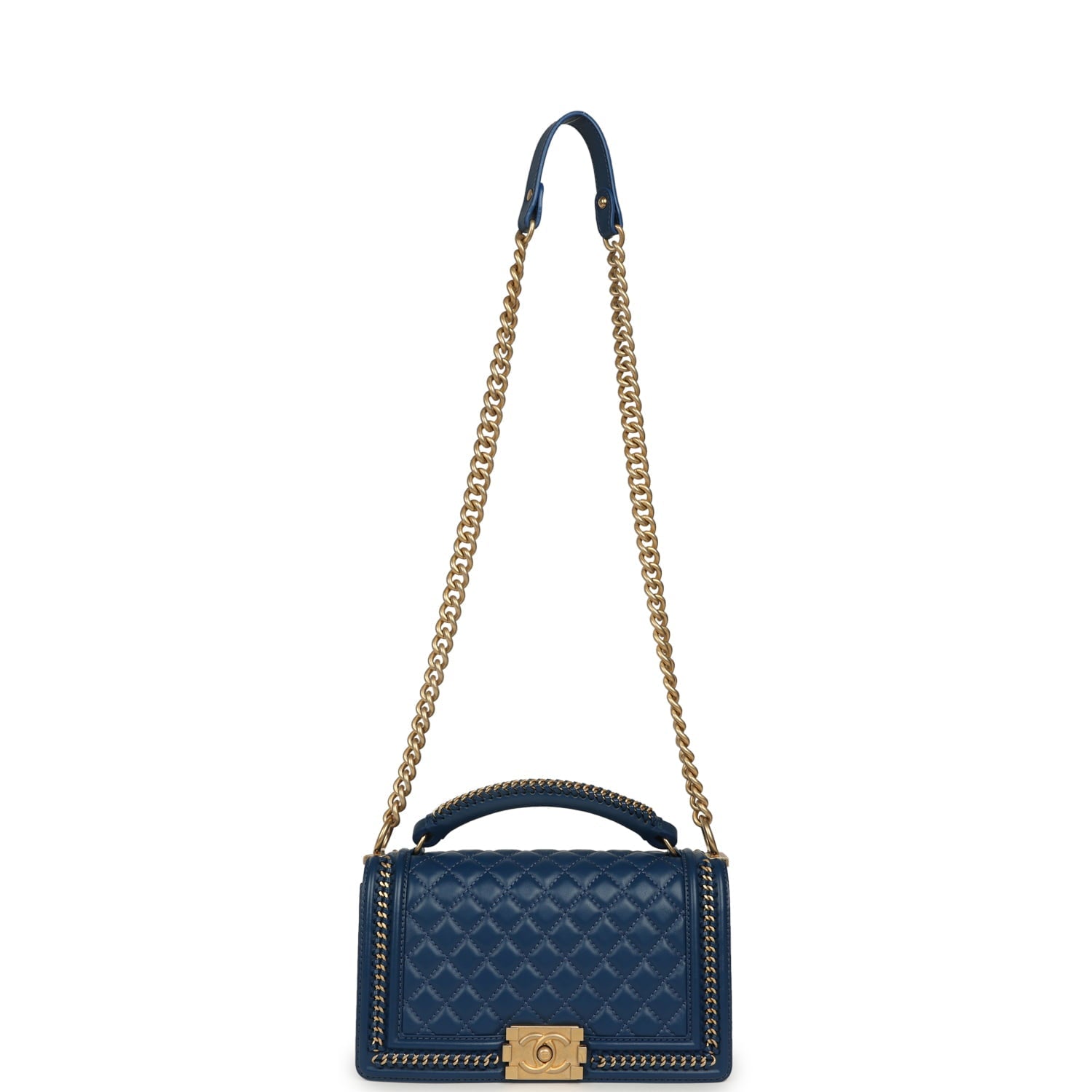 Chanel Medium Top Handle Braided Boy Bag Blue Lambskin Antique Gold Hardware