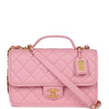 Chanel School Memory Top Handle Flap Bag Pink Caviar Antique Gold Hardware