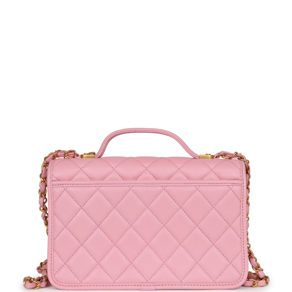 Chanel School Memory Top Handle Flap Bag Pink Caviar Antique Gold Hardware