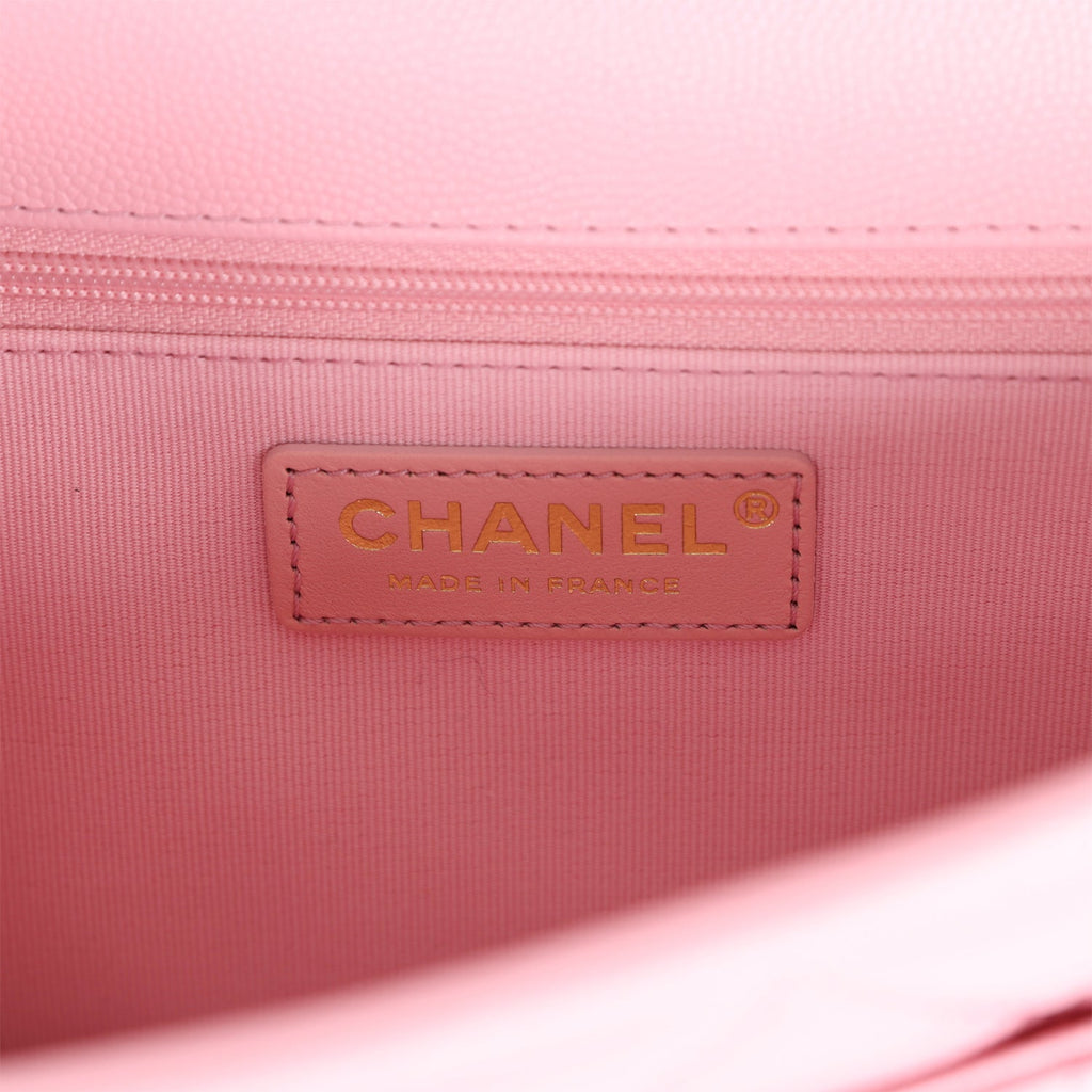 Chanel School Memory Top Handle Flap Bag Pink Caviar Antique Gold Hardware