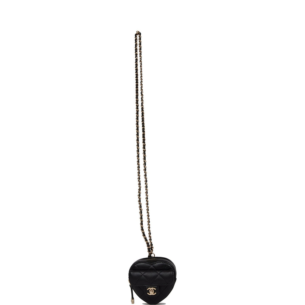 Chanel CC In Love Heart Necklace Bag Black Lambskin Light Gold Hardware