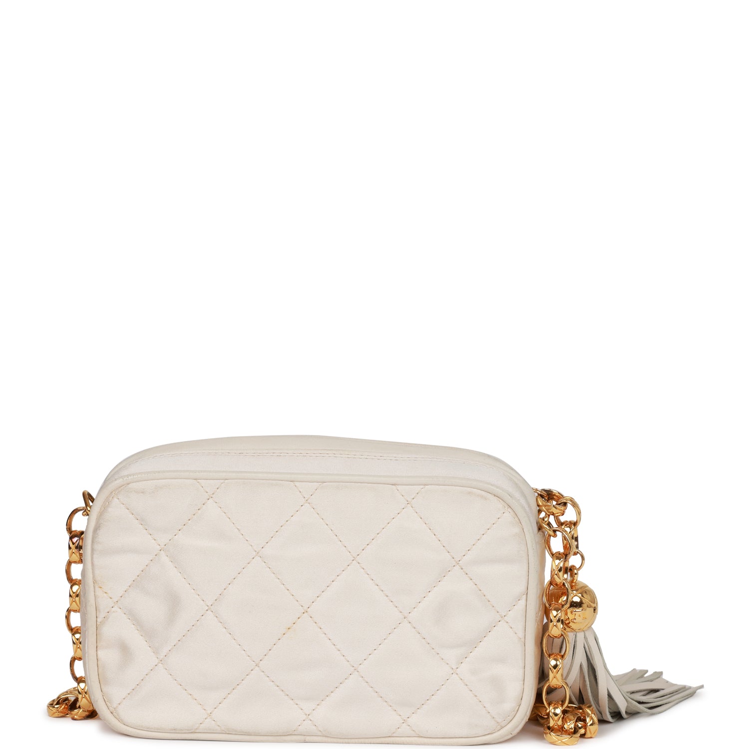 Vintage Chanel Mini Camera Bag Beige Satin Gold Hardware