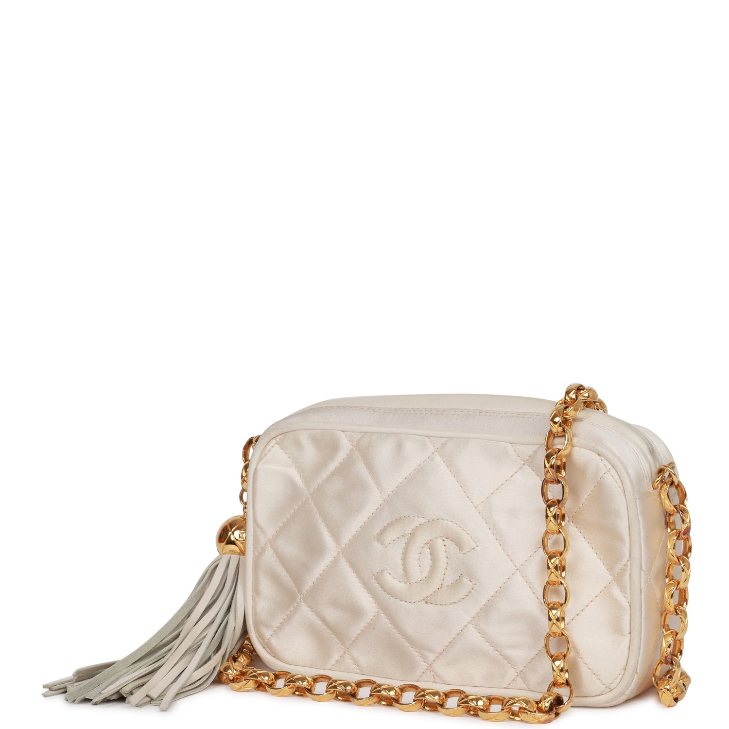 Vintage Chanel Mini Camera Bag Beige Satin Gold Hardware